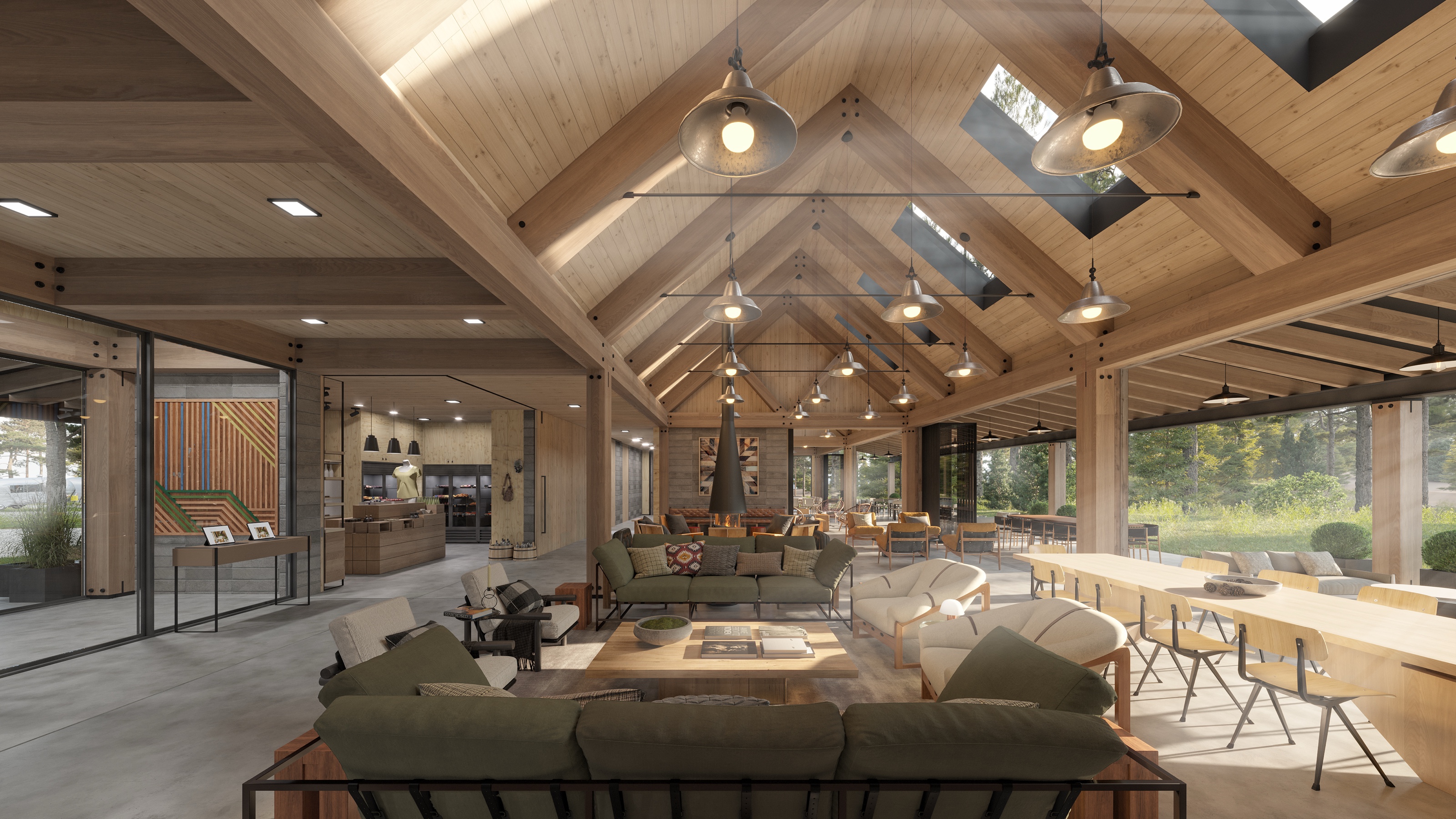 Interior 3D rendering of the AutoCamp Catskills clubhouse great room, a timber post-and-beam cathedral ceiling with skylights and barn pendant lights over green sofas, lounge chairs, communal tables, and a general store beyond.