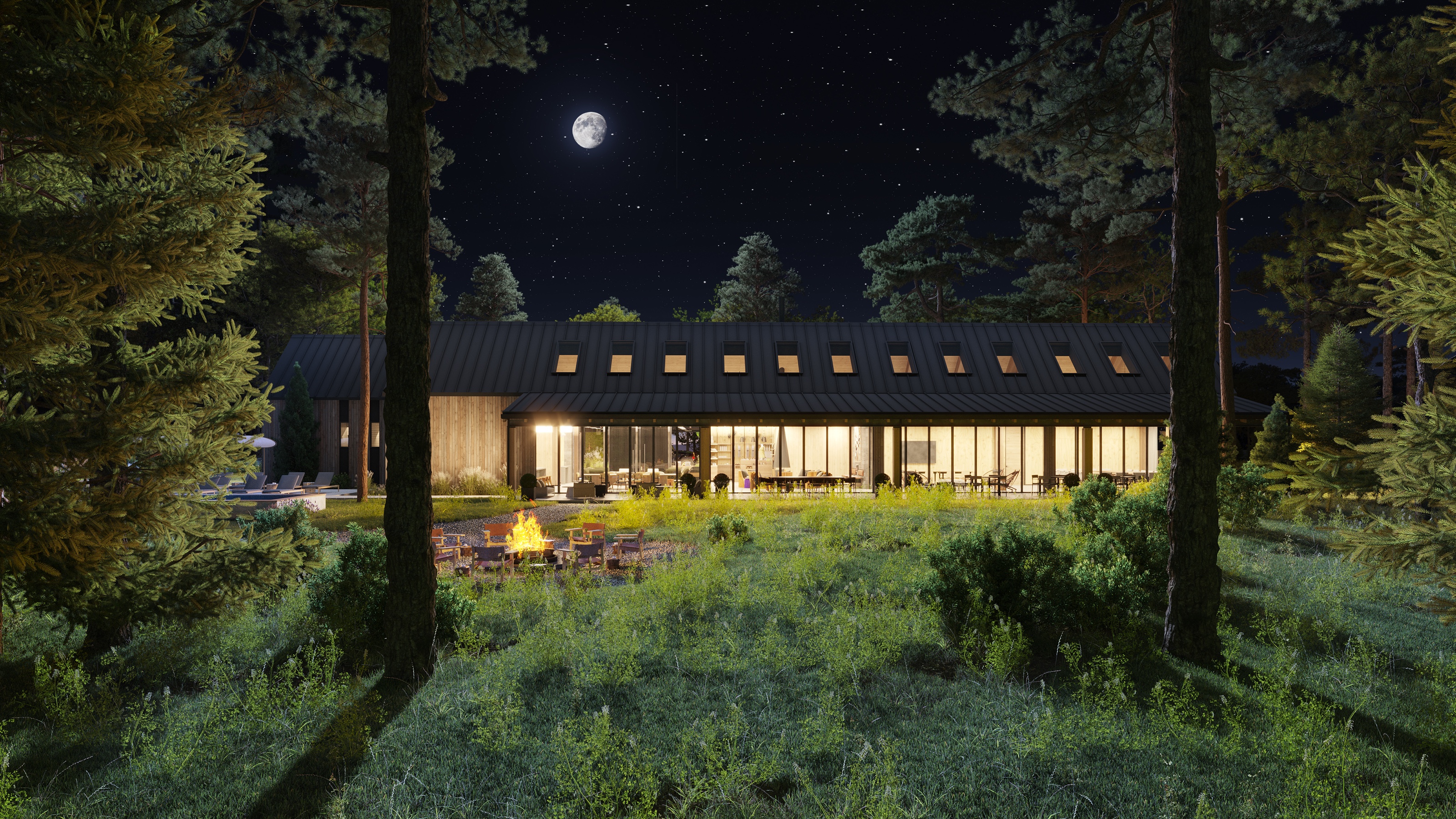 Night 3D rendering of the AutoCamp Catskills clubhouse glowing under a full moon above a firepit gathering, framed by pines in the Hudson Valley.