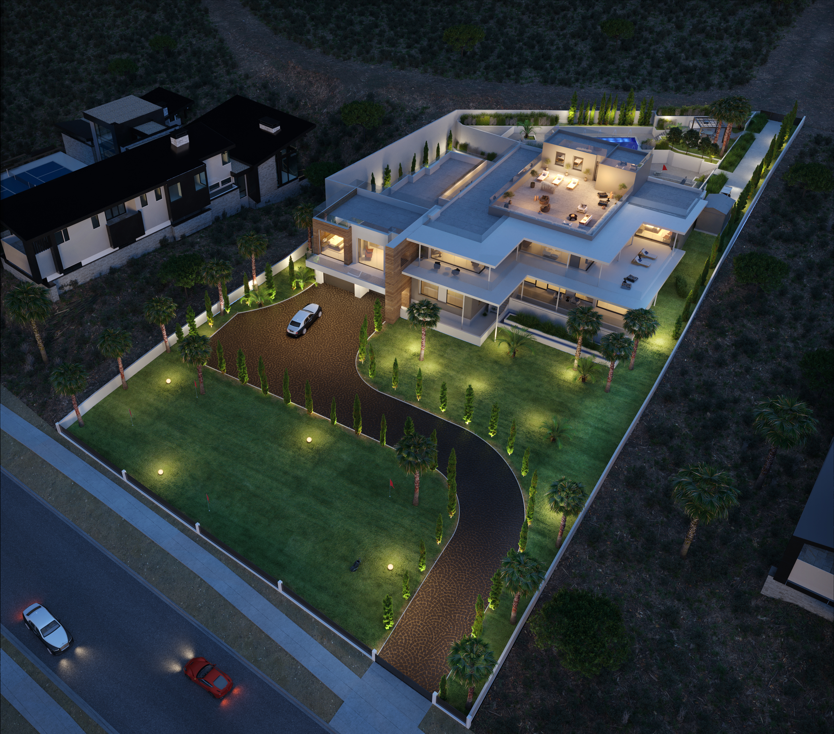 Aerial twilight 3D rendering of the Bellagio Estate, a 12,795-square-foot hilltop spec mansion at 1469 Macdonald Ranch Drive in Henderson, Nevada, with motor court, landscaped grounds, and rooftop terrace overlooking the golf course and Las Vegas Strip.