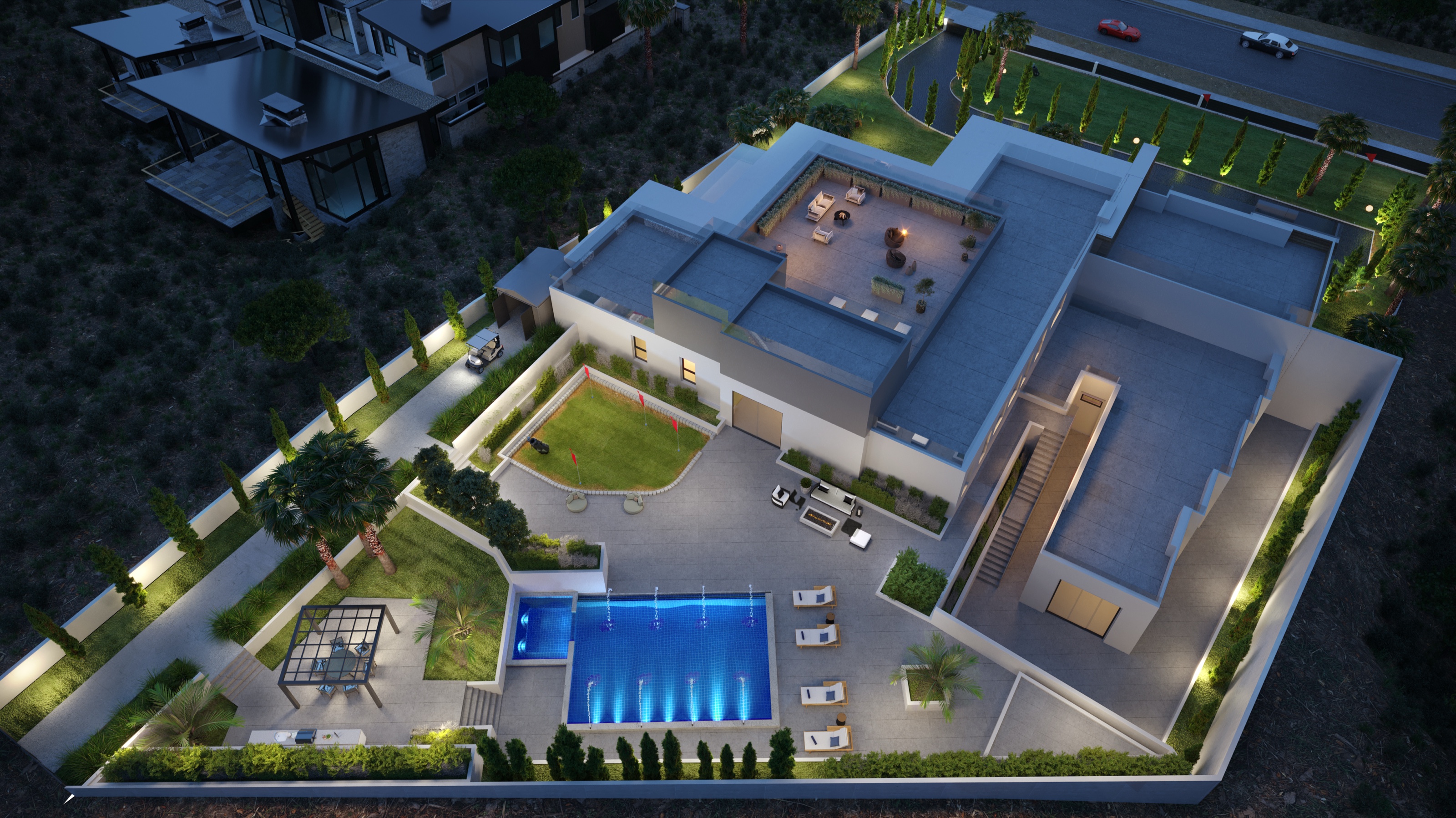Aerial dusk 3D rendering of the Bellagio Estate rear grounds, with a swimming pool with arching water jets, a sport court, a rooftop deck, and a walled garden, at 1469 Macdonald Ranch Drive in Henderson, Nevada