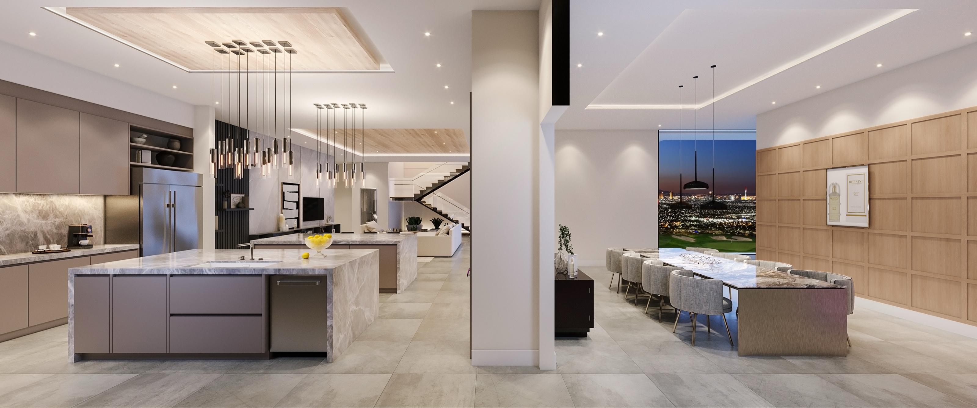 3D rendering of the Bellagio Estate open kitchen and dining space, with twin marble islands, suspended pendant lighting, a wood-slat ceiling, and a floor-to-ceiling window framing the Las Vegas Strip at dusk