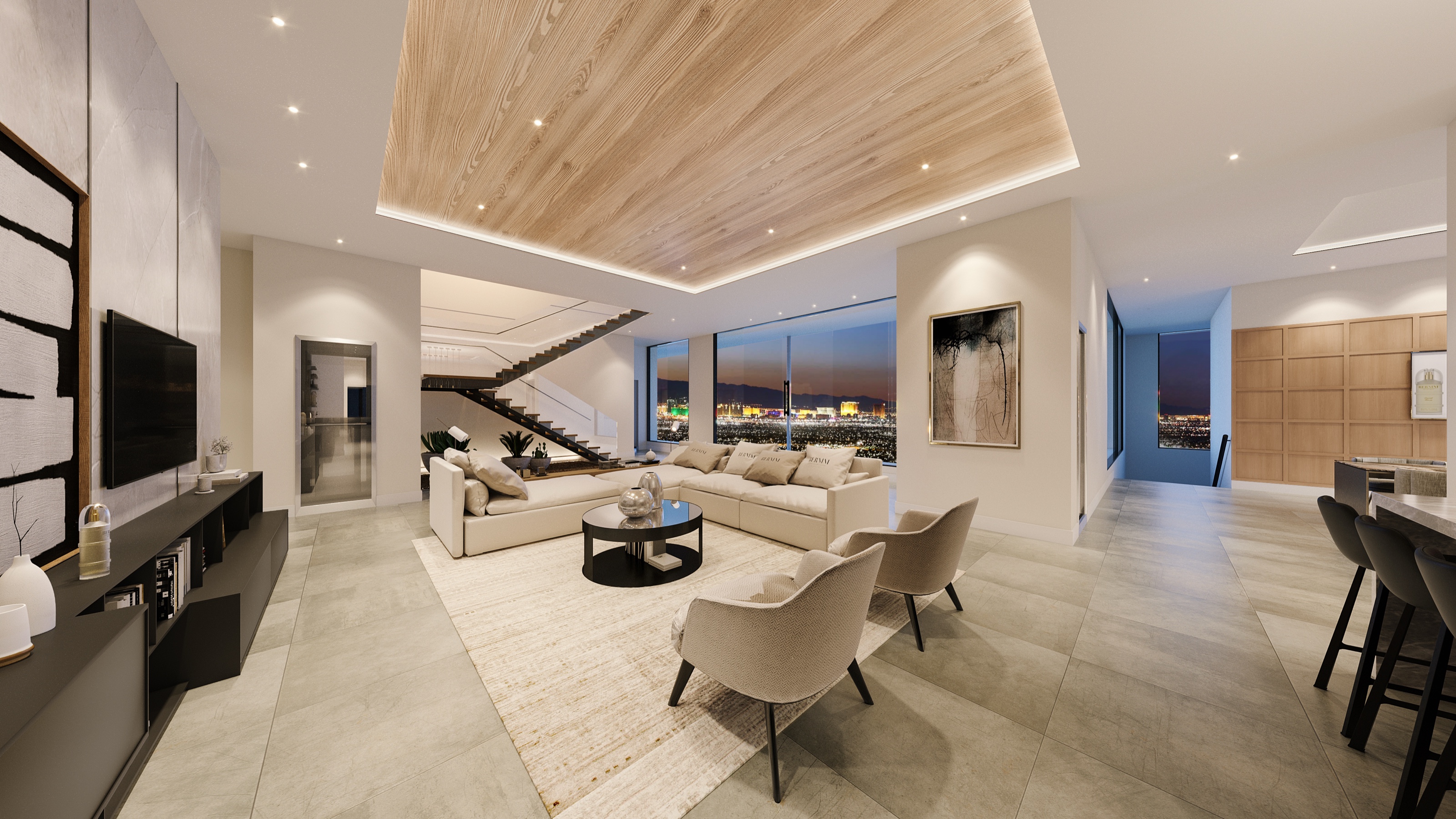 3D rendering of the Bellagio Estate living room, with a wood-slat ceiling, low sectional seating, a wall-mounted television, and a glass wall overlooking the Las Vegas Strip at dusk