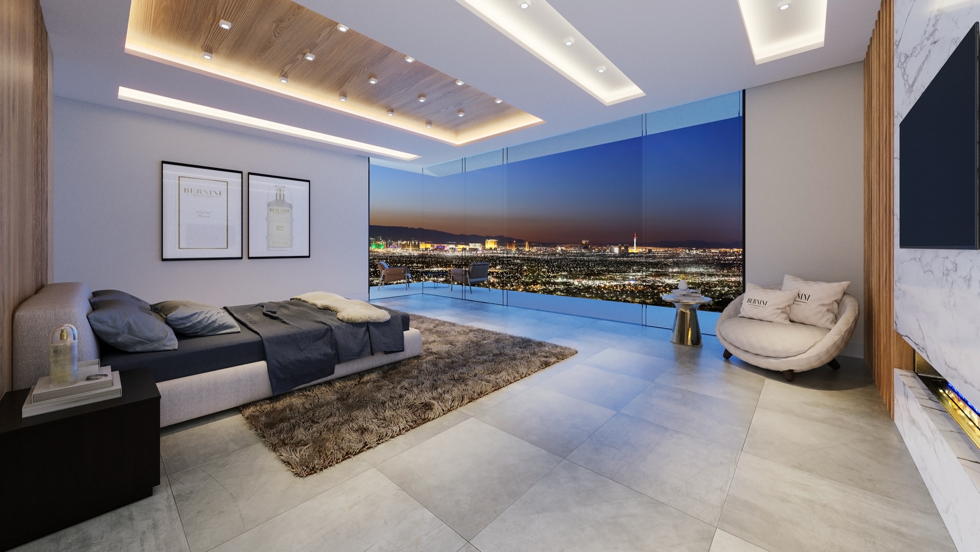 3D rendering of the Bellagio Estate primary bedroom, with a platform bed, a marble media wall, a wood-slat ceiling, and a panoramic glass wall facing the Las Vegas Strip at dusk