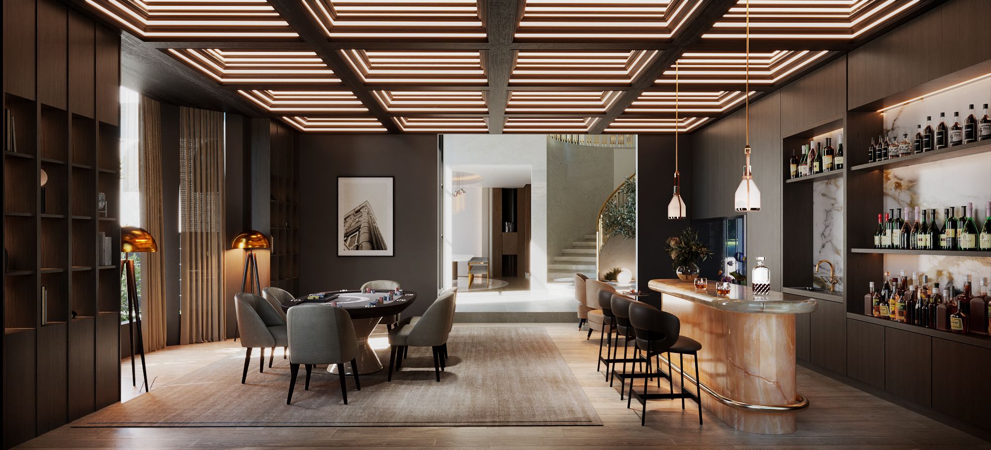 3D interior rendering of the Chatsboro Drive bar and games room with an illuminated coffered ceiling, an onyx bar, bar seating, a games table, and a backlit wine display