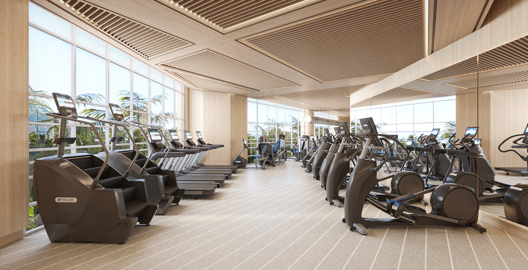 3D rendering of the cardio room at the Continuum Sporting Club on South Beach, lined with floor-to-ceiling windows onto palm trees, with rows of treadmills and cardio machines under a wood-slat ceiling.
