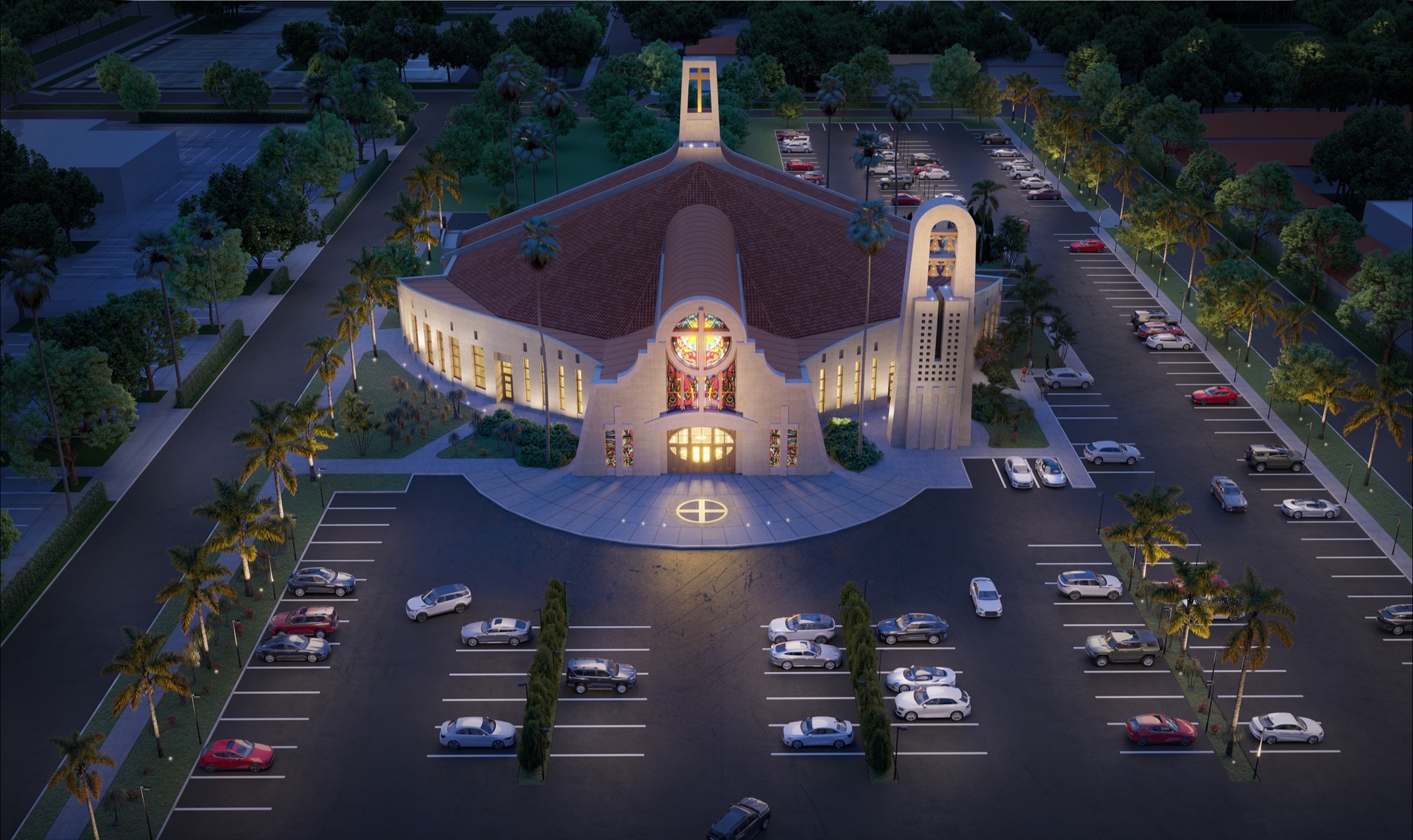 Night aerial 3D rendering of the renovated Epiphany Cathedral in Venice, Florida, the rose window and stained glass glowing from within, the campanile lit against a dark blue sky, and a cross emblem glowing on the entry plaza.