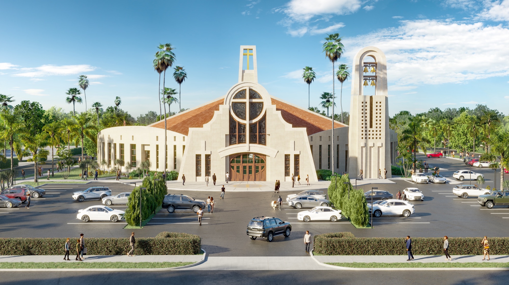 Daytime 3D rendering of the renovated front facade of Epiphany Cathedral in Venice, Florida, a cream stucco elevation with a rose window over arched mahogany entry doors, a freestanding campanile with bells, and palms against a blue sky.