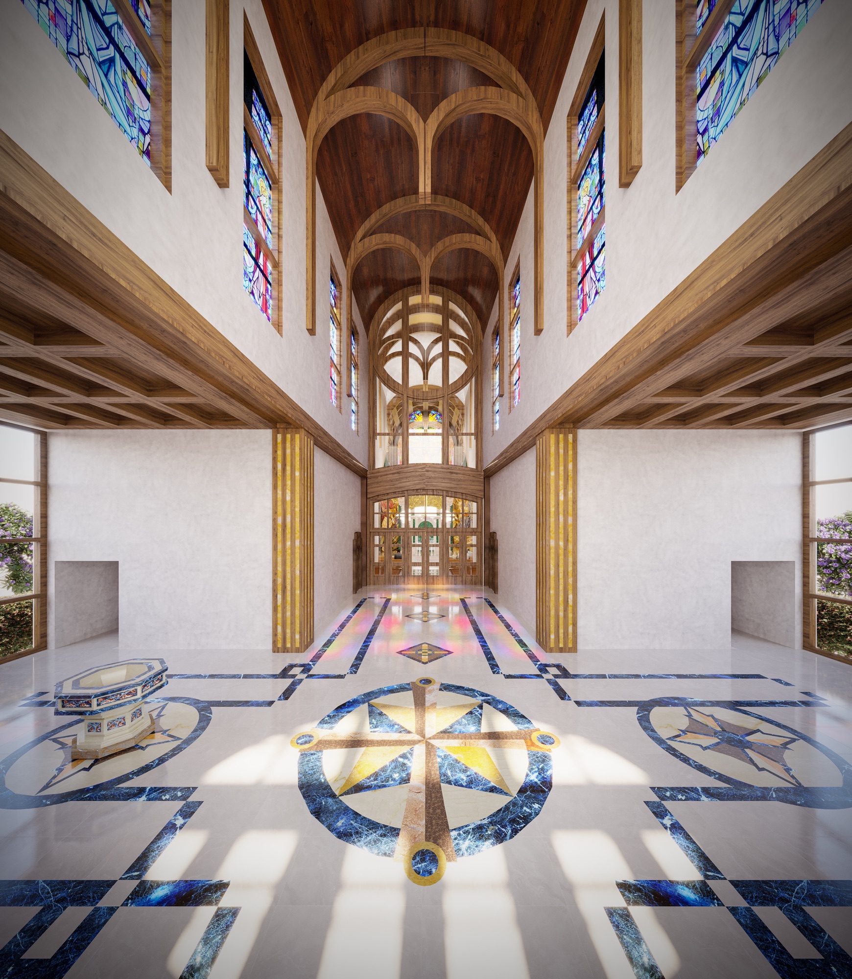 Interior 3D rendering of the Epiphany Cathedral gathering space, clerestory stained glass windows above a marble floor with star medallions, the baptismal font on the left and the entry doors beyond.
