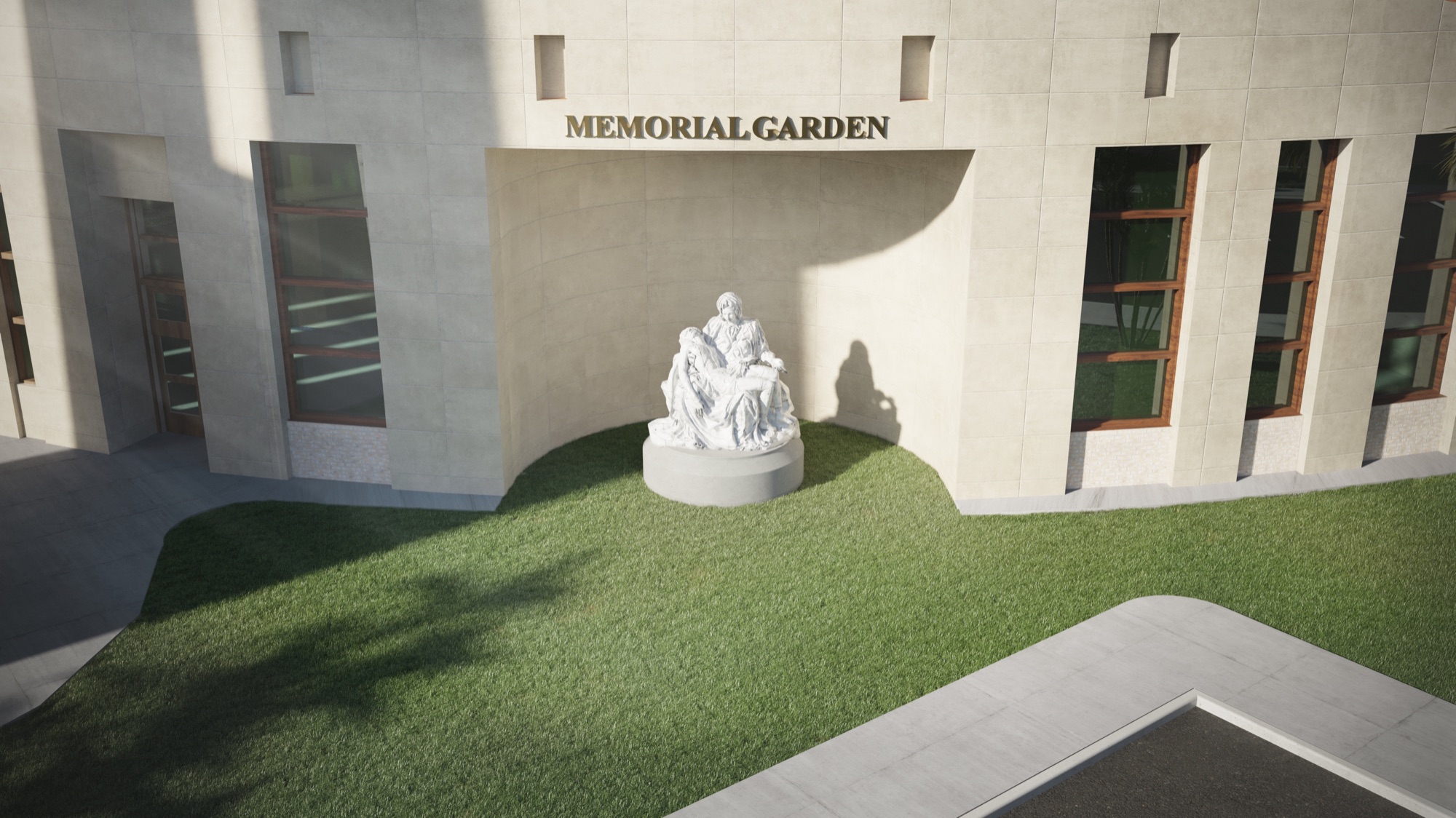 3D rendering of the Epiphany Cathedral memorial garden, a white Pieta statue in a curved stone niche above an open lawn kept free of planting and paths.