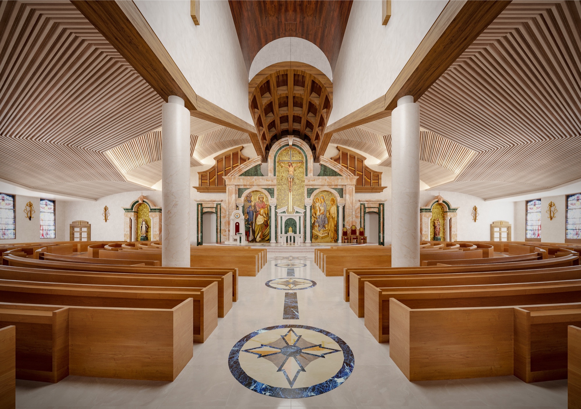 Interior 3D rendering of the renovated Epiphany Cathedral nave in Venice, Florida, looking toward the sanctuary, wooden pews flanking a marble aisle with a blue star medallion, slatted timber ceilings curving overhead between white columns.