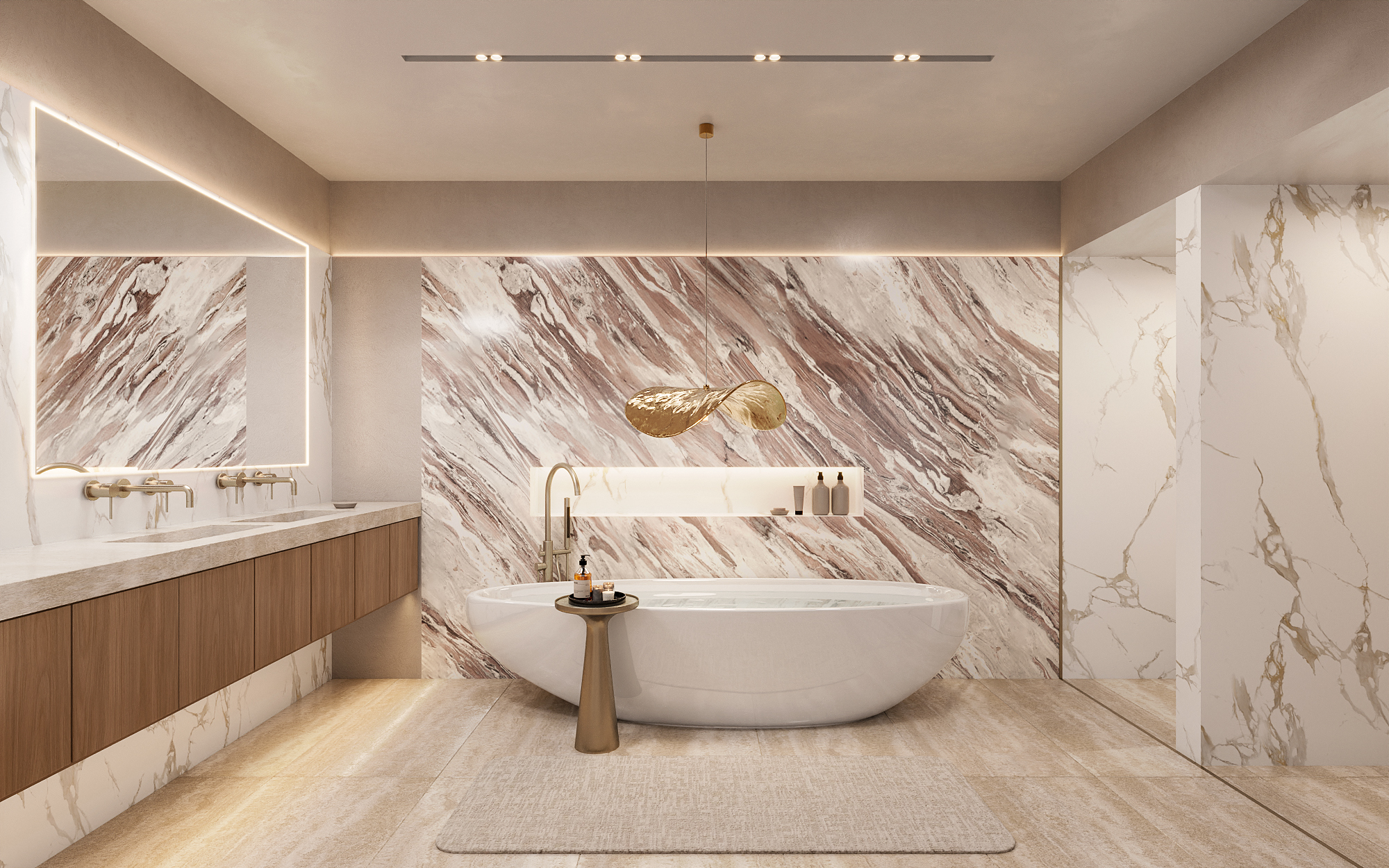 Interior 3D rendering of a bathroom at Esmé Beach Residences, a freestanding white bathtub against a dramatic book-matched rose-veined marble wall, a floating double vanity, and a sculptural gold pendant over the tub.