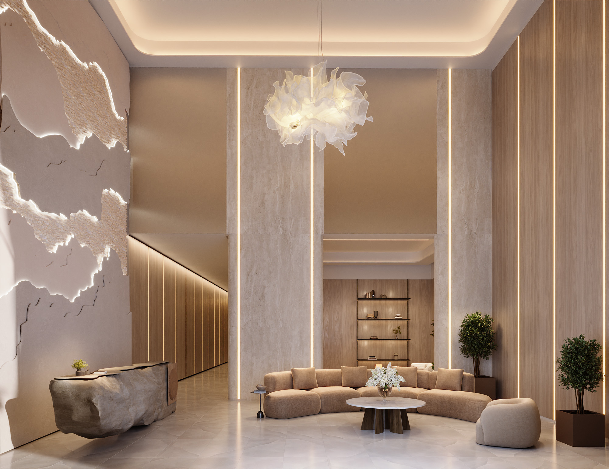 Interior 3D rendering of the lobby at Esmé Beach Residences, a double-height space with sculpted backlit plaster relief walls, a monolithic stone console, a curved beige sofa group, and a chandelier of translucent fabric-like glass.