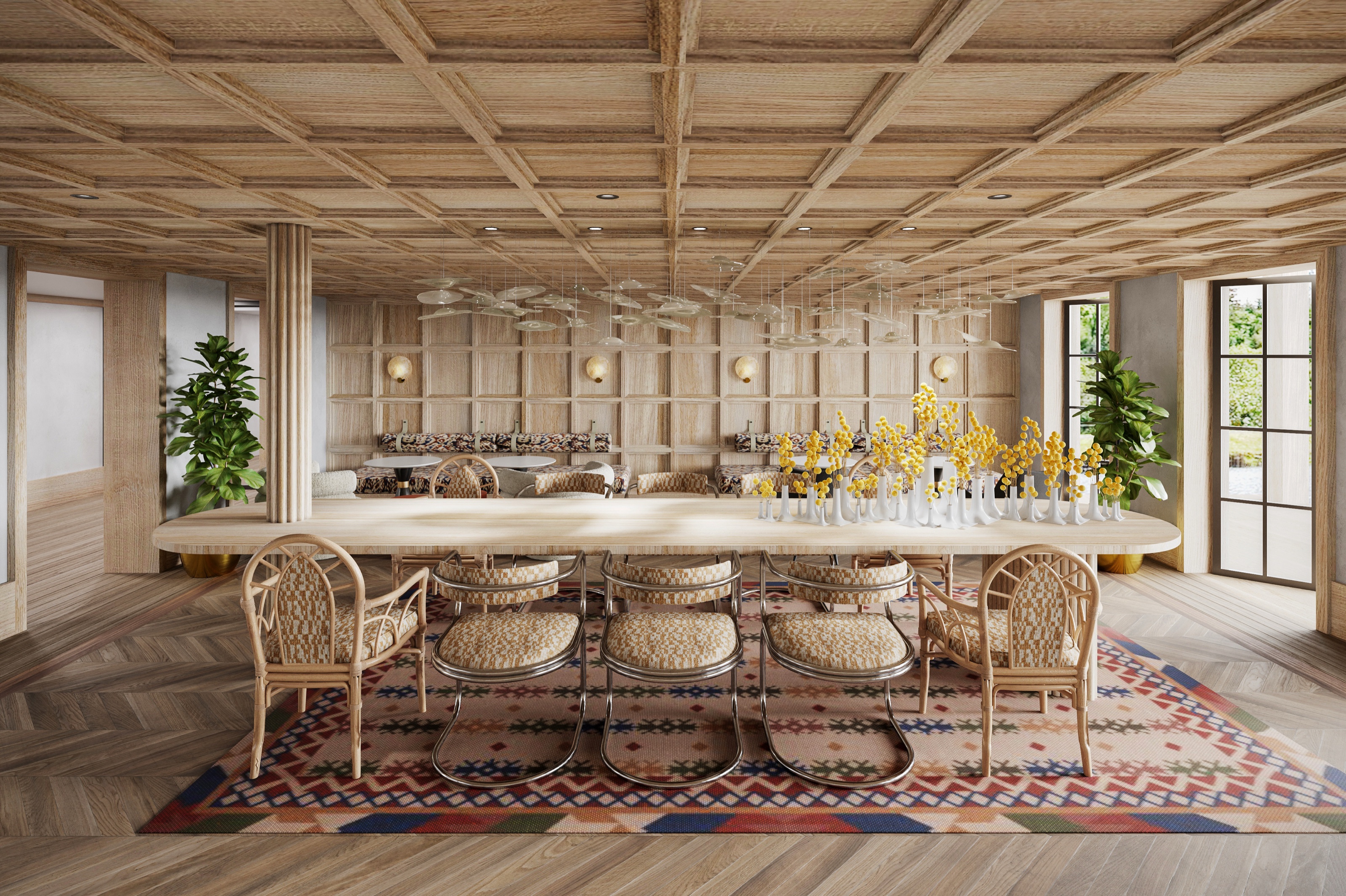 Interior 3D rendering of the lobby lounge at Faraway Martha's Vineyard, a long communal table with rattan chairs under a coffered oak ceiling and a sculptural glass pendant mobile, on a colorful patterned rug.