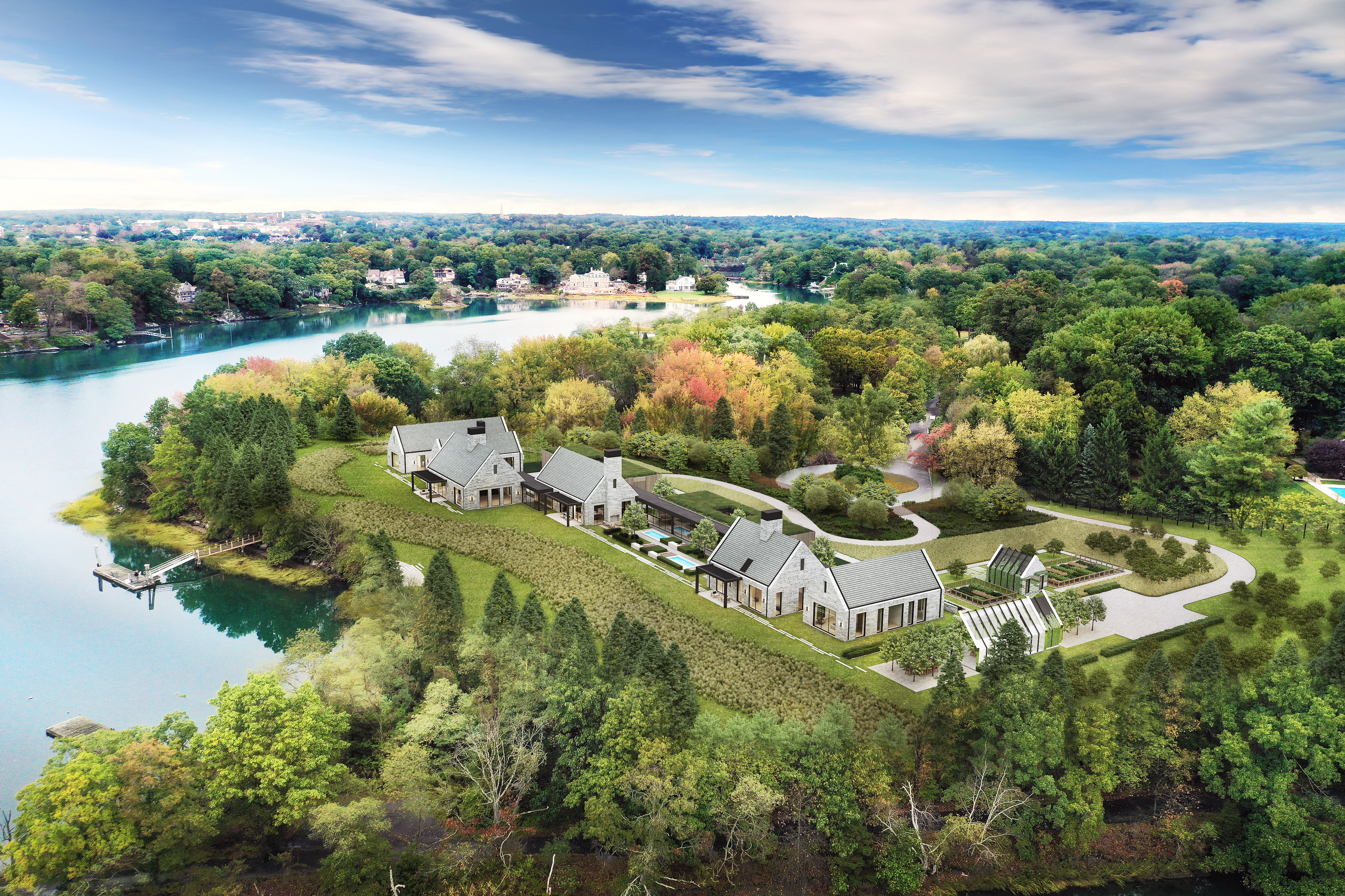 Aerial 3D rendering of the Greenwich waterfront compound on a wooded peninsula jutting into a teal tidal inlet, showing the cluster of white gabled houses, green roofs, and a pool, with autumn trees and a town across the water.