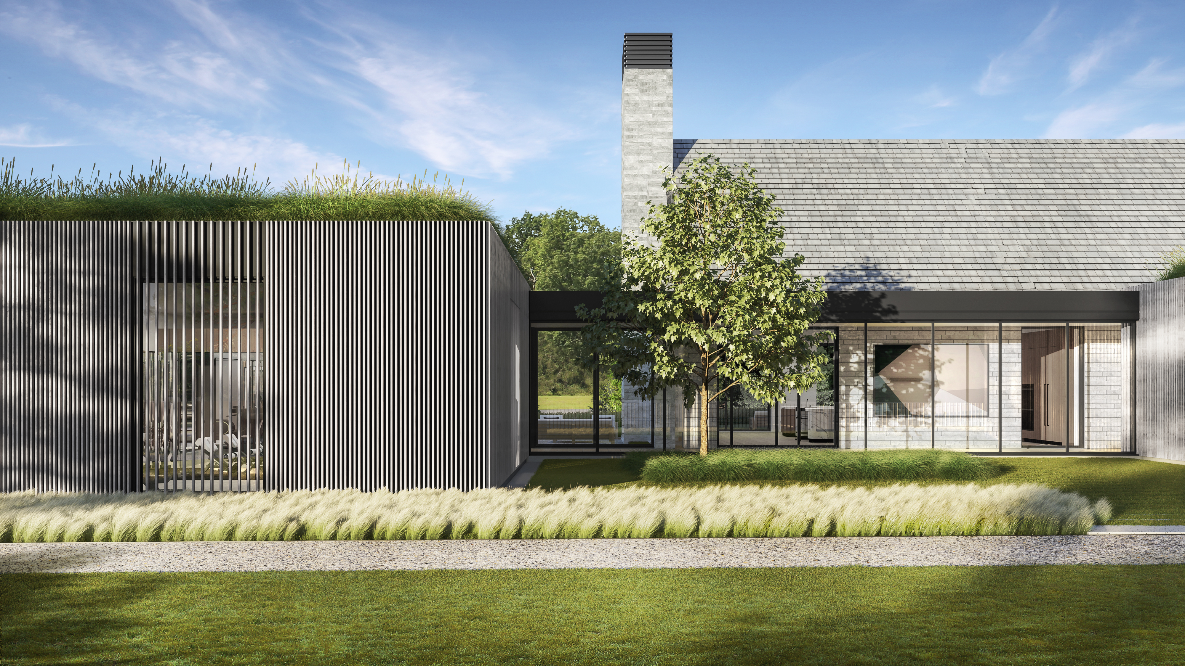 3D rendering of a secondary entry court at the Greenwich compound, a slatted-screen wing with a planted green roof beside glass-walled rooms, a stone chimney, a single tree, and ornamental grasses along a gravel path.