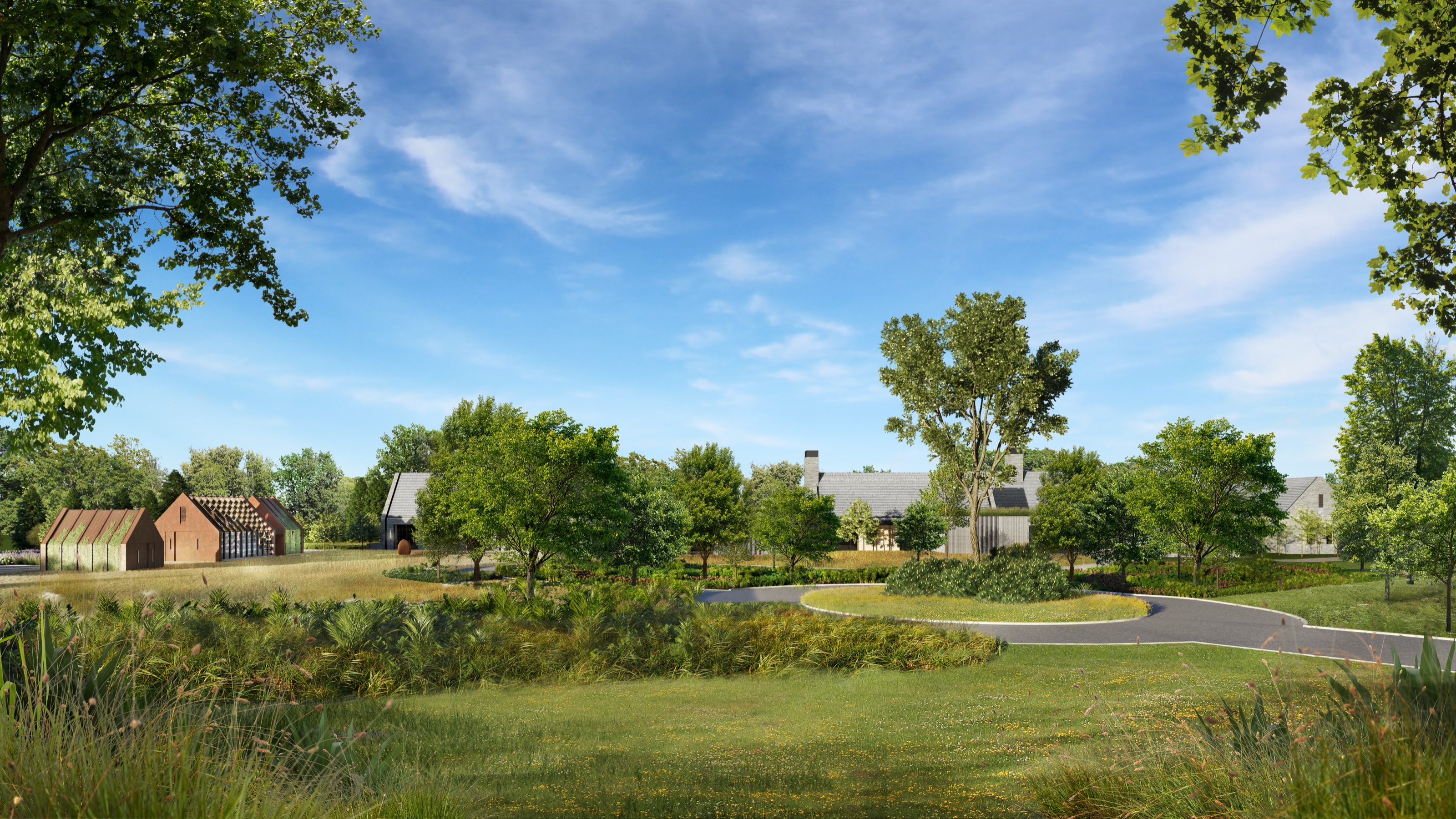 Daytime 3D rendering of the Greenwich compound seen across the grounds, the white gabled houses and the copper greenhouse arranged along a curving drive under a wide blue sky.