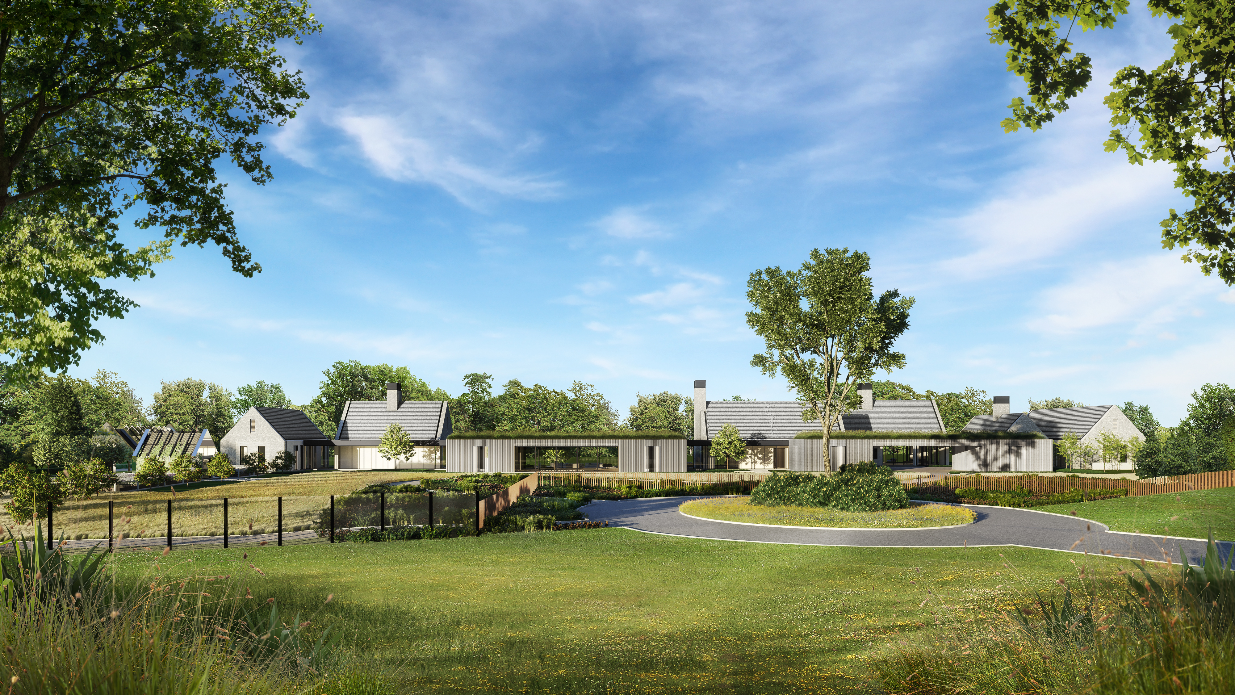 Daytime 3D rendering of the modern white-brick Greenwich waterfront compound, its gabled volumes spread along a lawn beyond a circular entry drive, with a copper-clad greenhouse and barn at left under a blue sky.