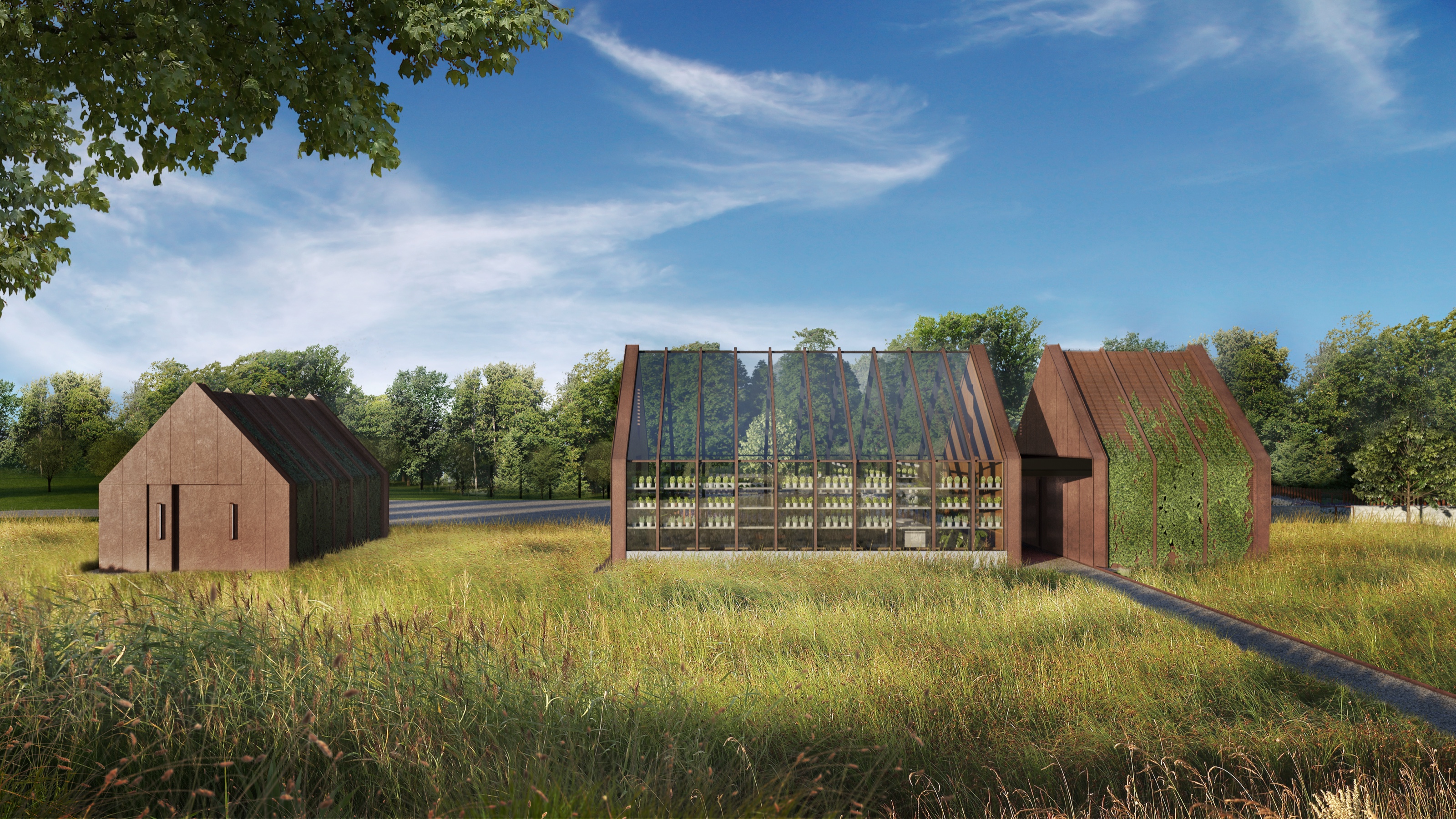 Daytime 3D rendering of a copper-clad greenhouse and barn at the Greenwich compound, the greenhouse's glass gable filled with planting on staged shelving, set in a meadow of tall grass under a bright sky.
