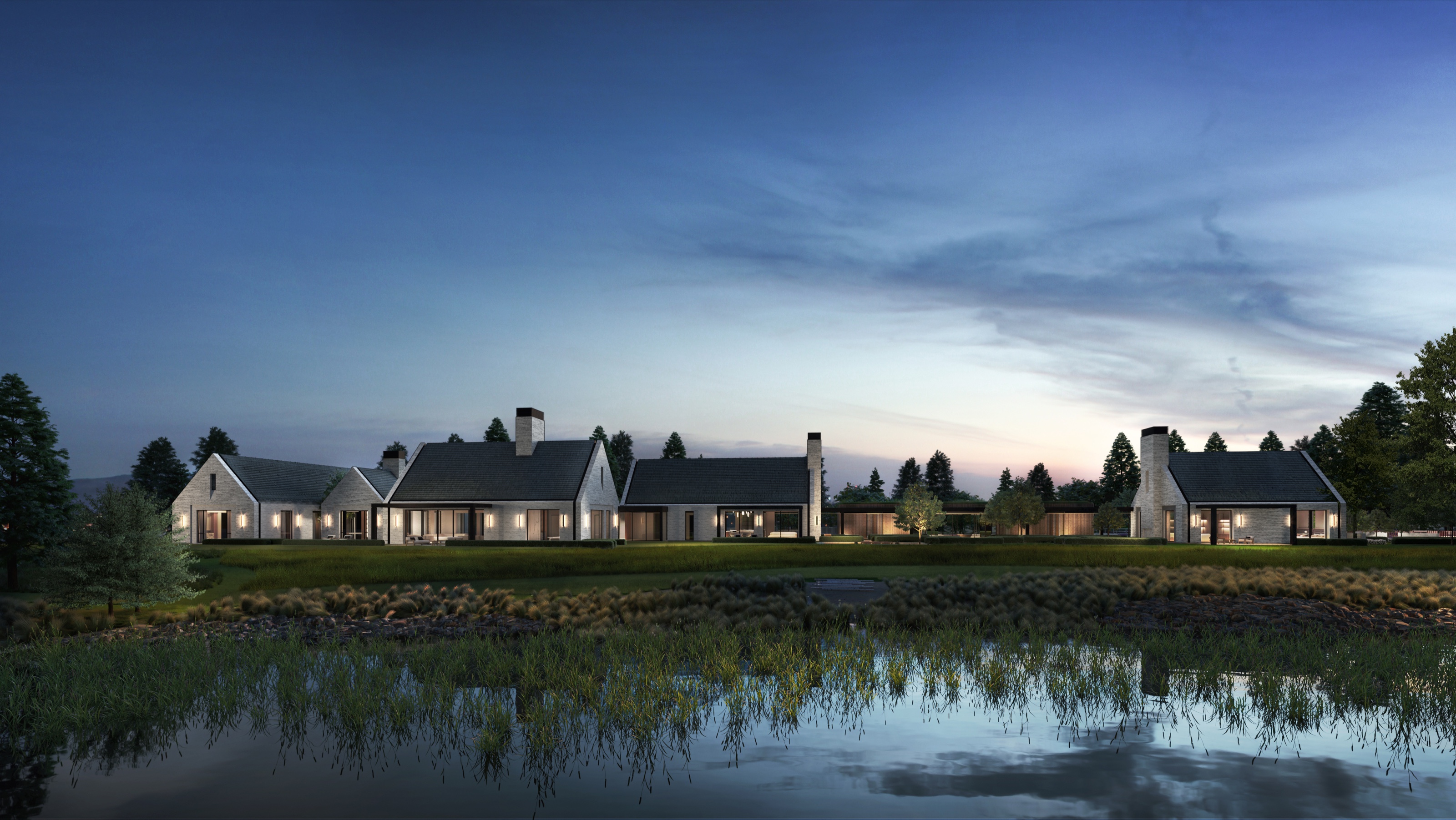 Dusk 3D rendering of a modern white gabled waterfront compound in Greenwich, Connecticut, its lit volumes reflected in a still pond under a blue evening sky.