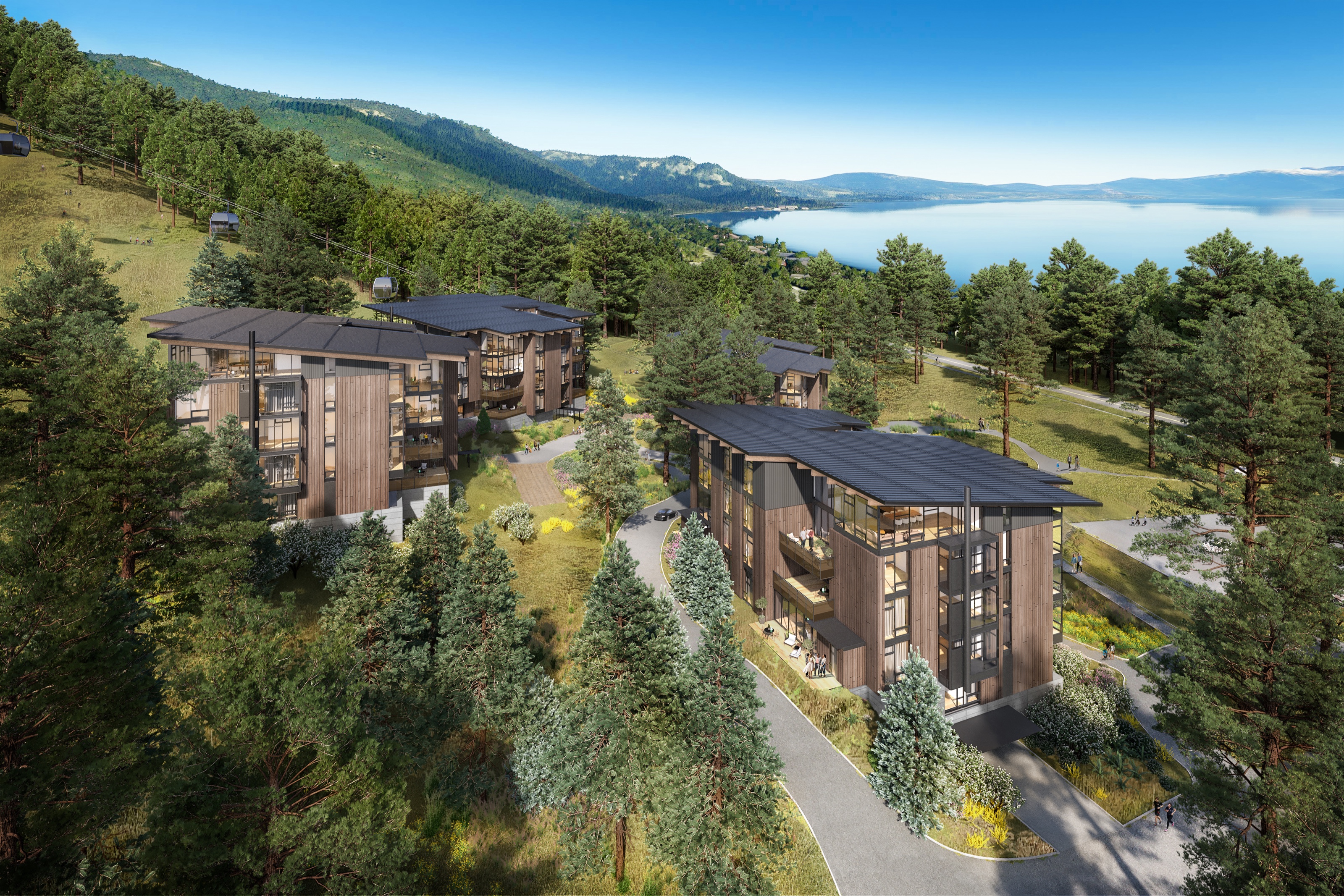 Aerial 3D rendering of the North Base residences at Homewood Mountain Resort, a cluster of wood-and-glass mountain-modern buildings nestled among pines on a forested slope above the blue expanse of Lake Tahoe