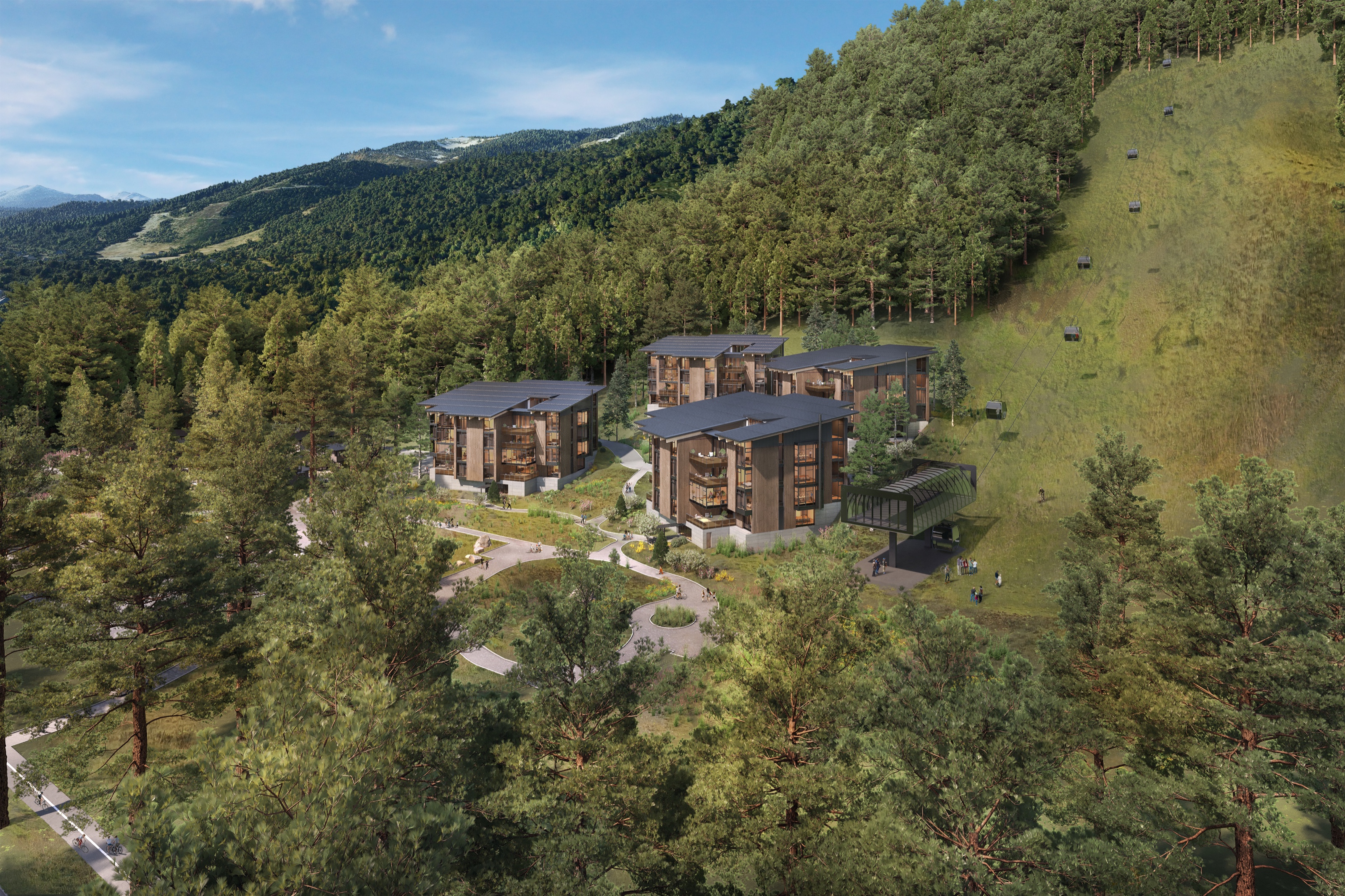 Aerial master-plan 3D rendering of the Homewood Mountain Resort North Base, showing the cluster of residence buildings, the path network, and the gondola base terminal set into the forested slope, with the ski mountain rising beyond