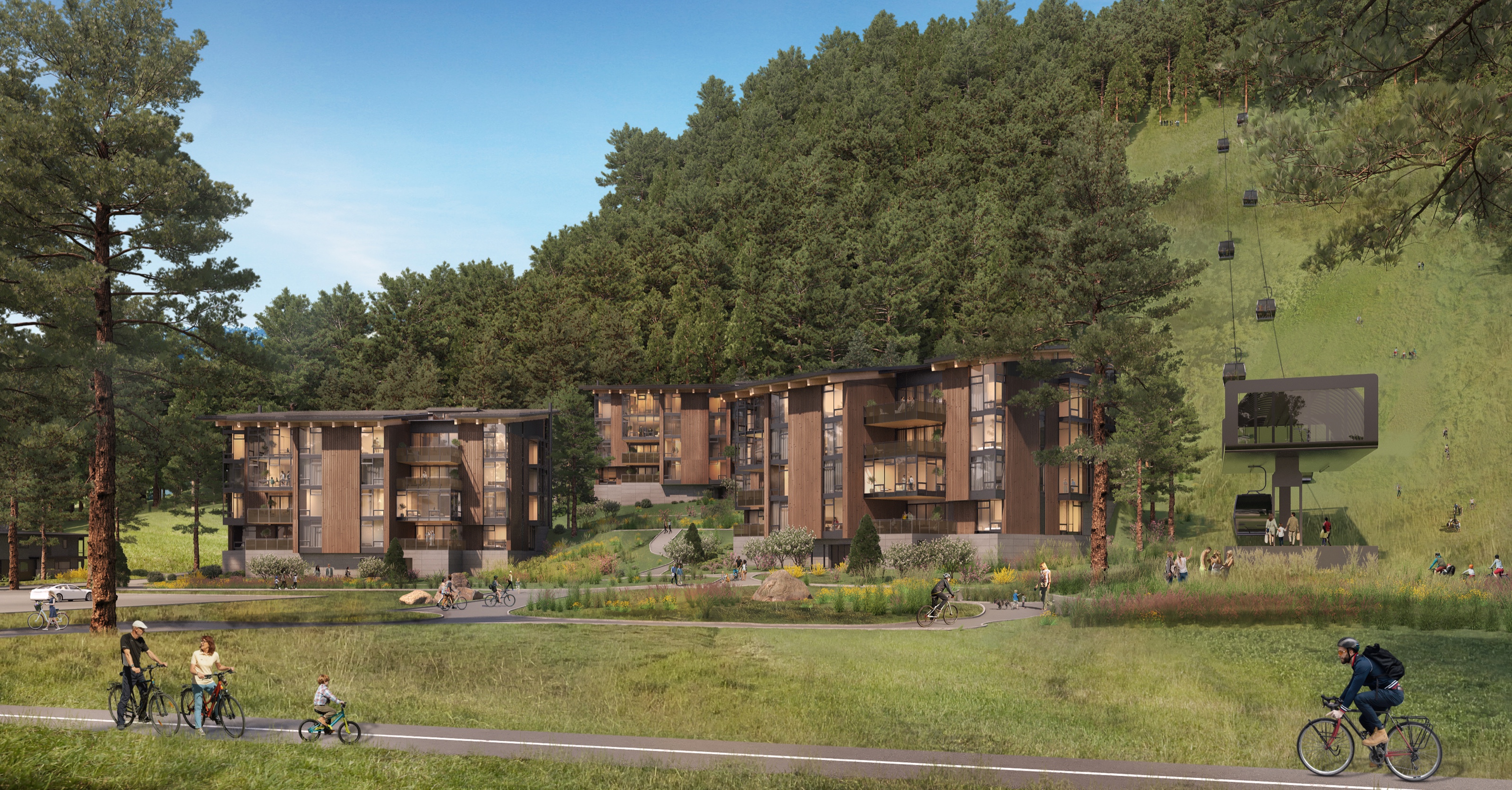 Eye-level summer 3D rendering of the Homewood North Base with cyclists and walkers on a path, the residence buildings to the left and the glass-walled gondola base terminal to the right, with gondola cabins climbing the forested ski slope