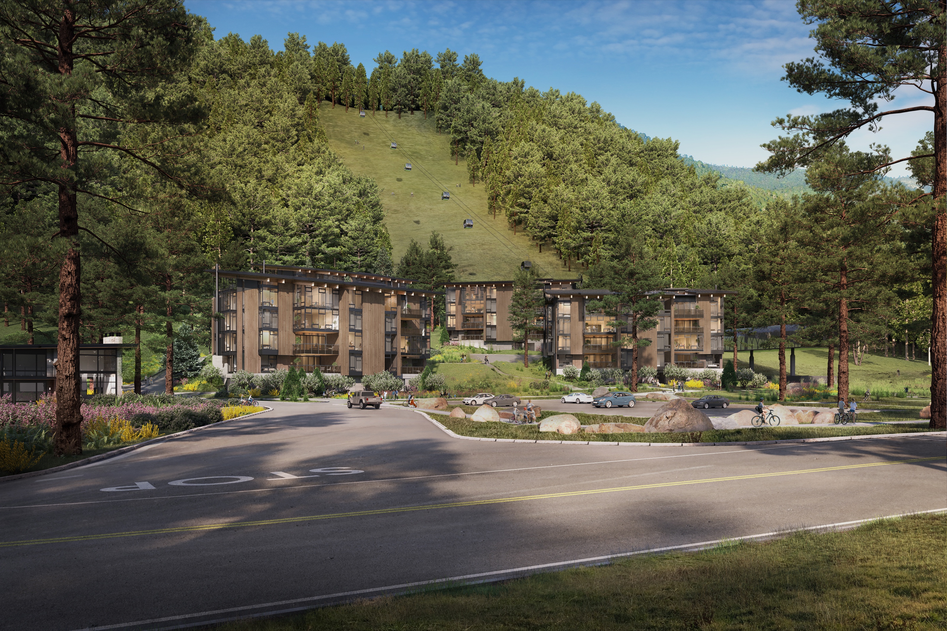 Eye-level summer 3D rendering of the Homewood North Base residences from the arrival road, the wood-and-glass buildings sitting below a forested ski run with gondola cabins rising over the trees