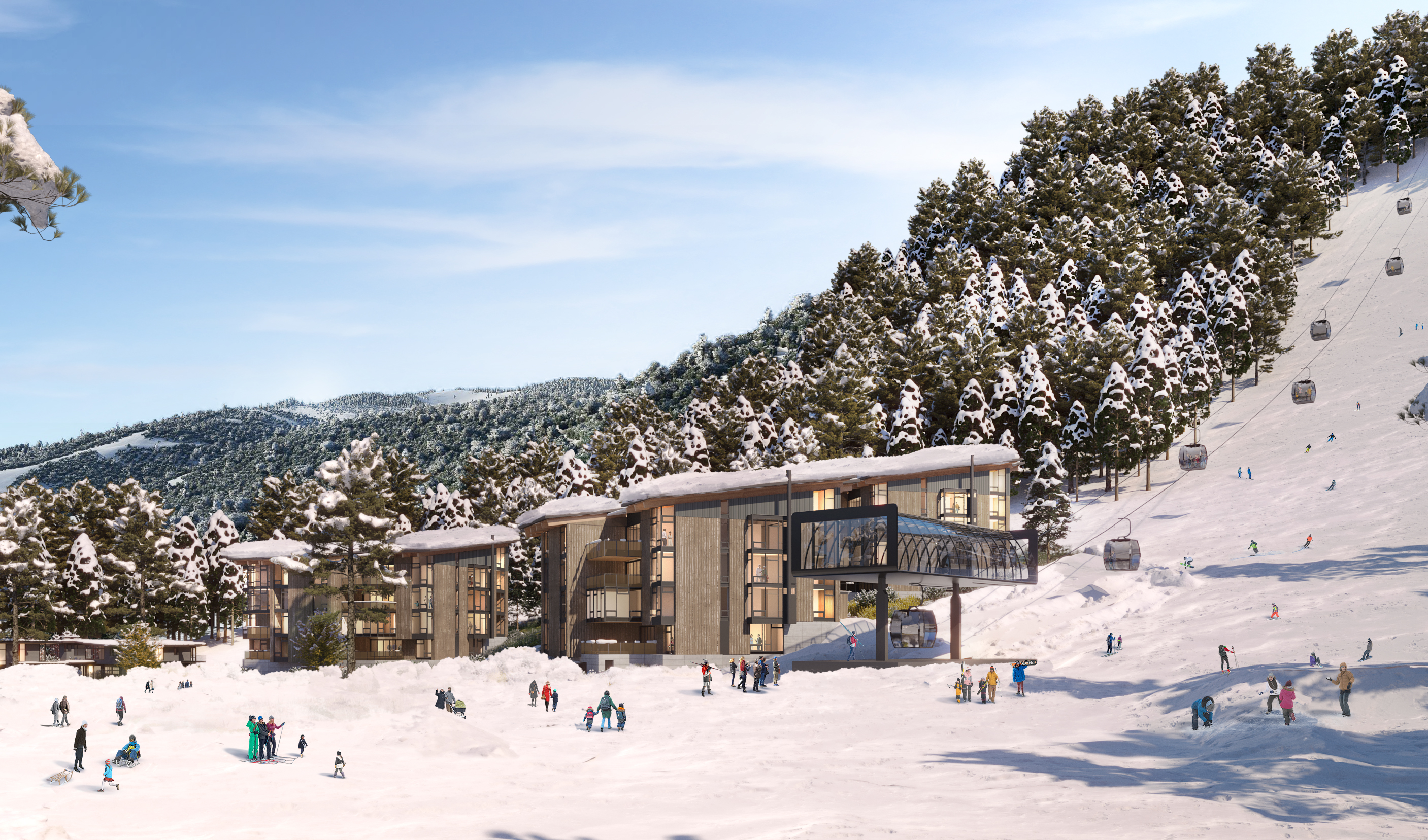 Winter 3D rendering of the Homewood North Base under snow, with skiers on the slope, the residences and gondola base terminal among snow-laden pines, and gondola cabins rising up the mountain
