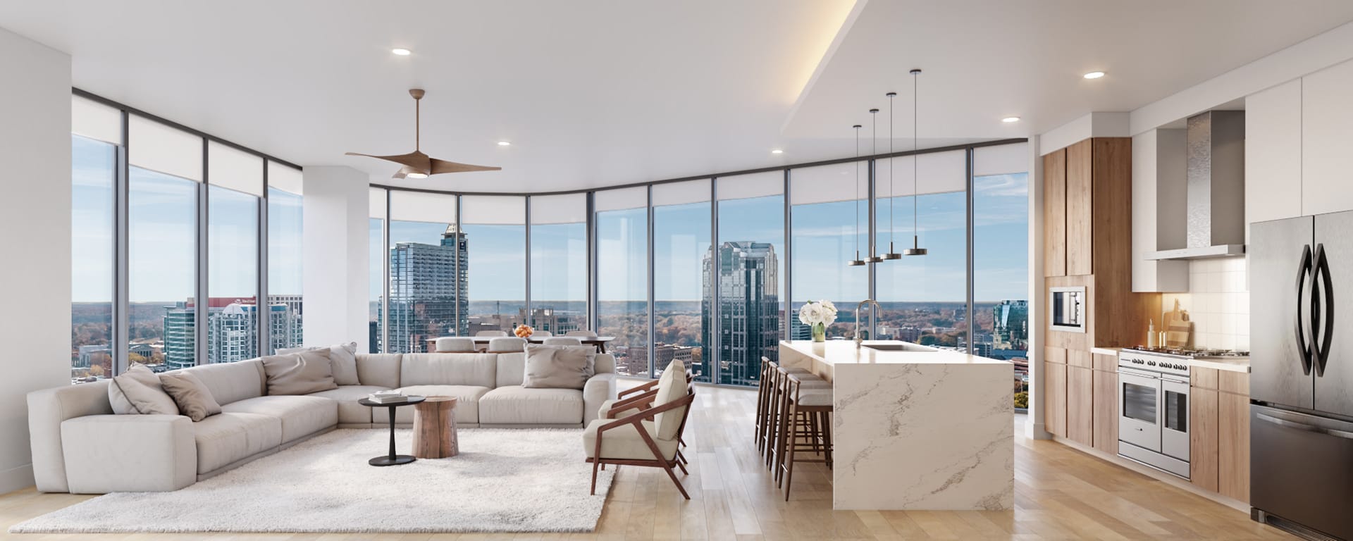 3D interior rendering of an open-plan living room and kitchen with downtown skyline views