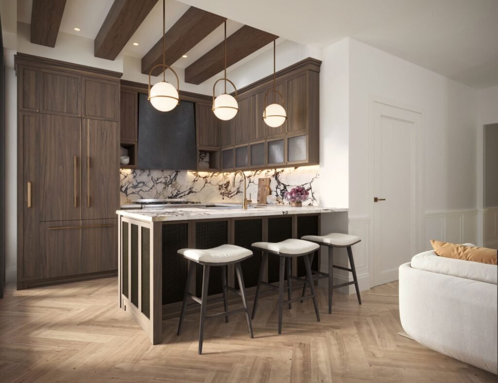3D rendering of the Orson Williamsburg kitchen island with three bar stools, globe pendant lights, and a marble waterfall countertop