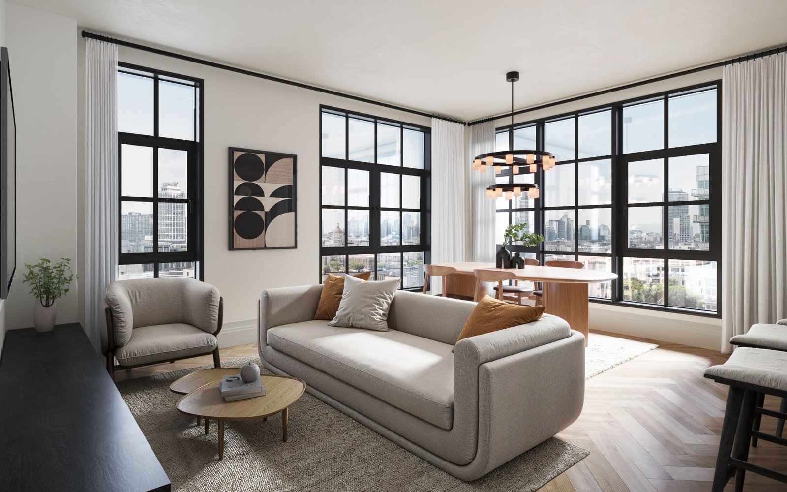 3D interior rendering of an Orson Williamsburg living and dining room with floor-to-ceiling black-framed windows, a pale boucle sofa, herringbone oak floors, and Brooklyn skyline views