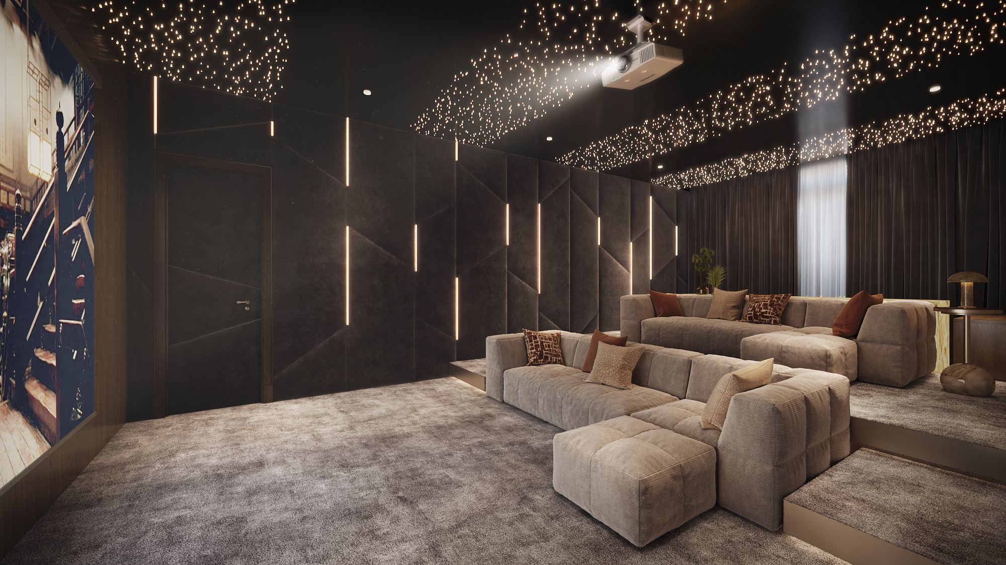 3D interior rendering of the Chatsboro Drive home theater with a fiber-optic star ceiling, backlit wall panels, and deep modular seating