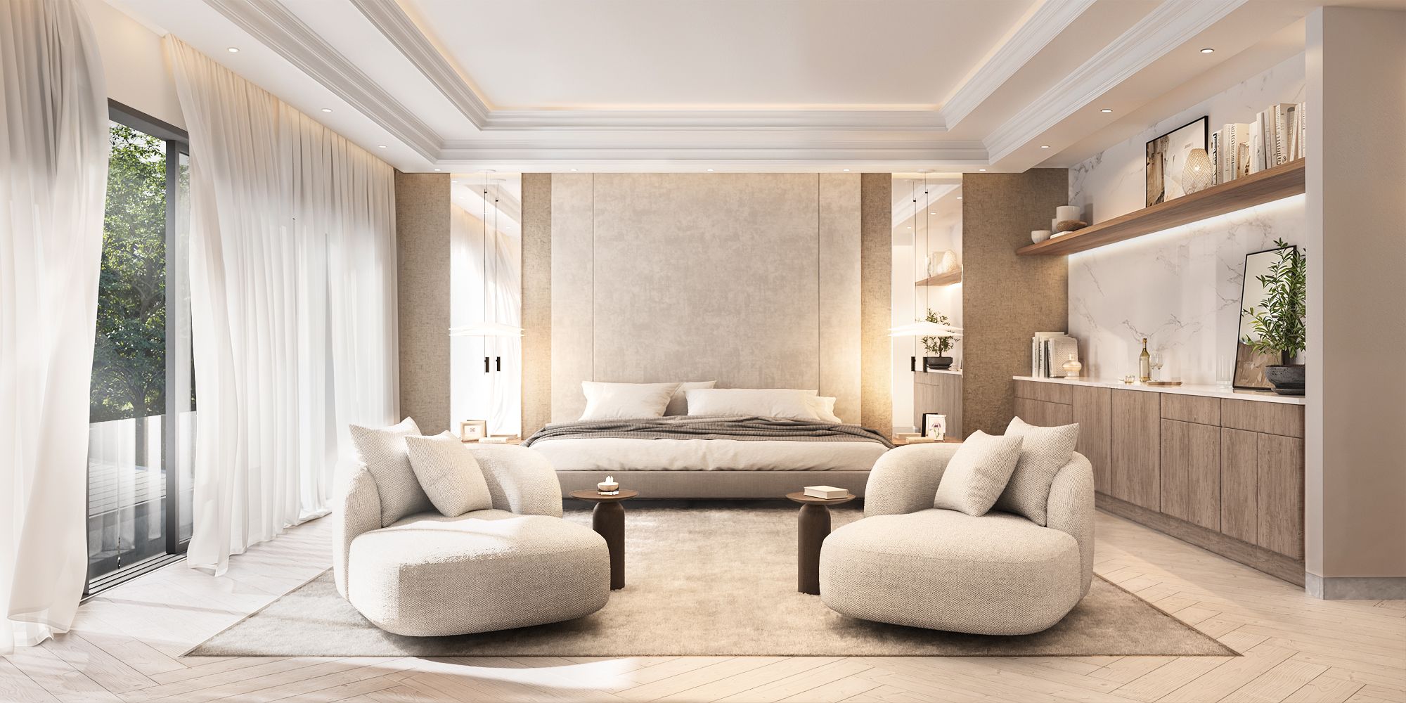 3D interior rendering of the Chatsboro Drive primary bedroom in soft neutral tones with a low platform bed, paired boucle lounge chairs, and floor-to-ceiling drapes