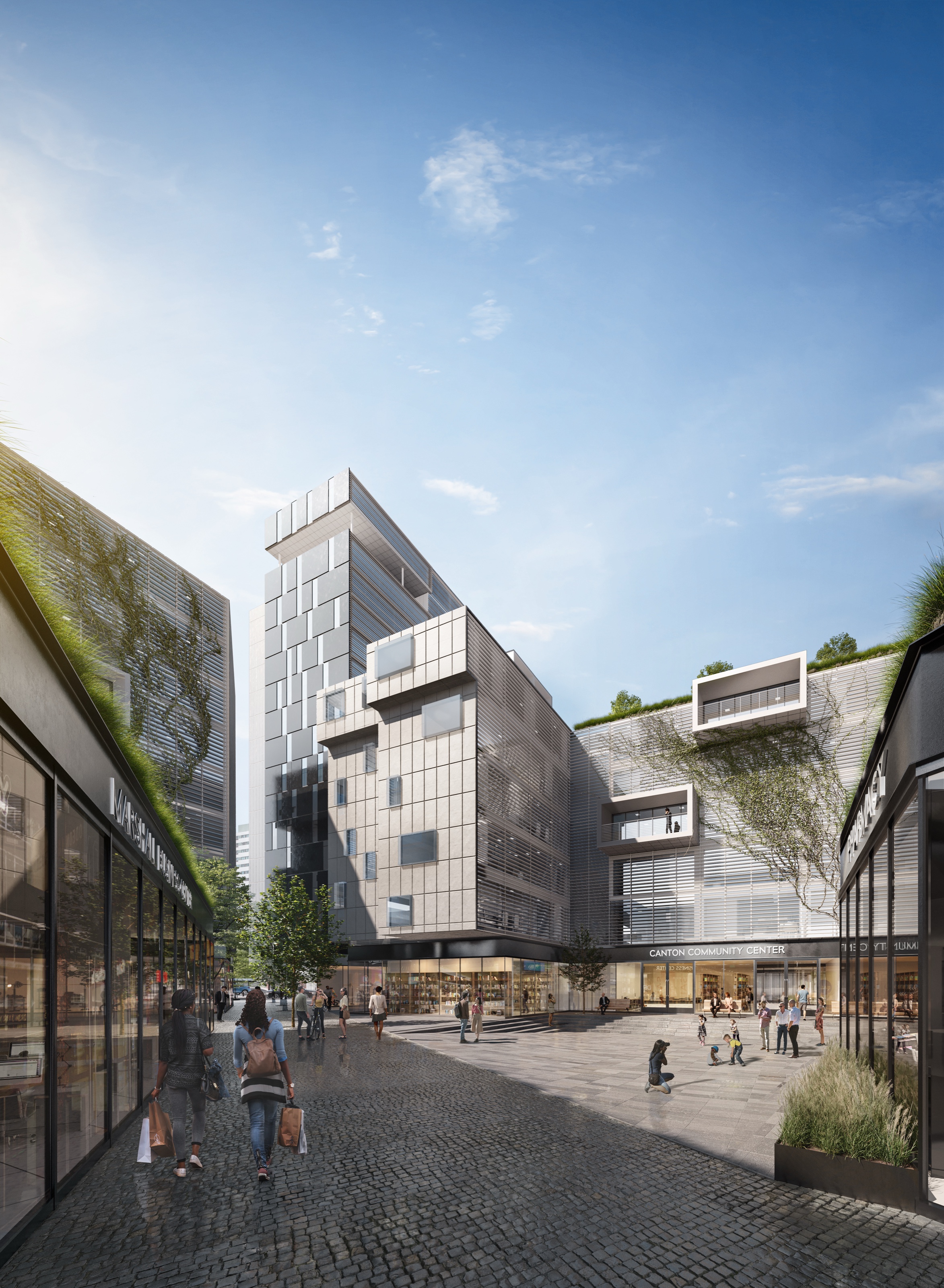 Daytime 3D rendering of a pedestrian courtyard inside the Re-Vision Dallas concept block, cobbled paving and shoppers between glass retail frontages, with green walls and planted roofs above a community center entrance.