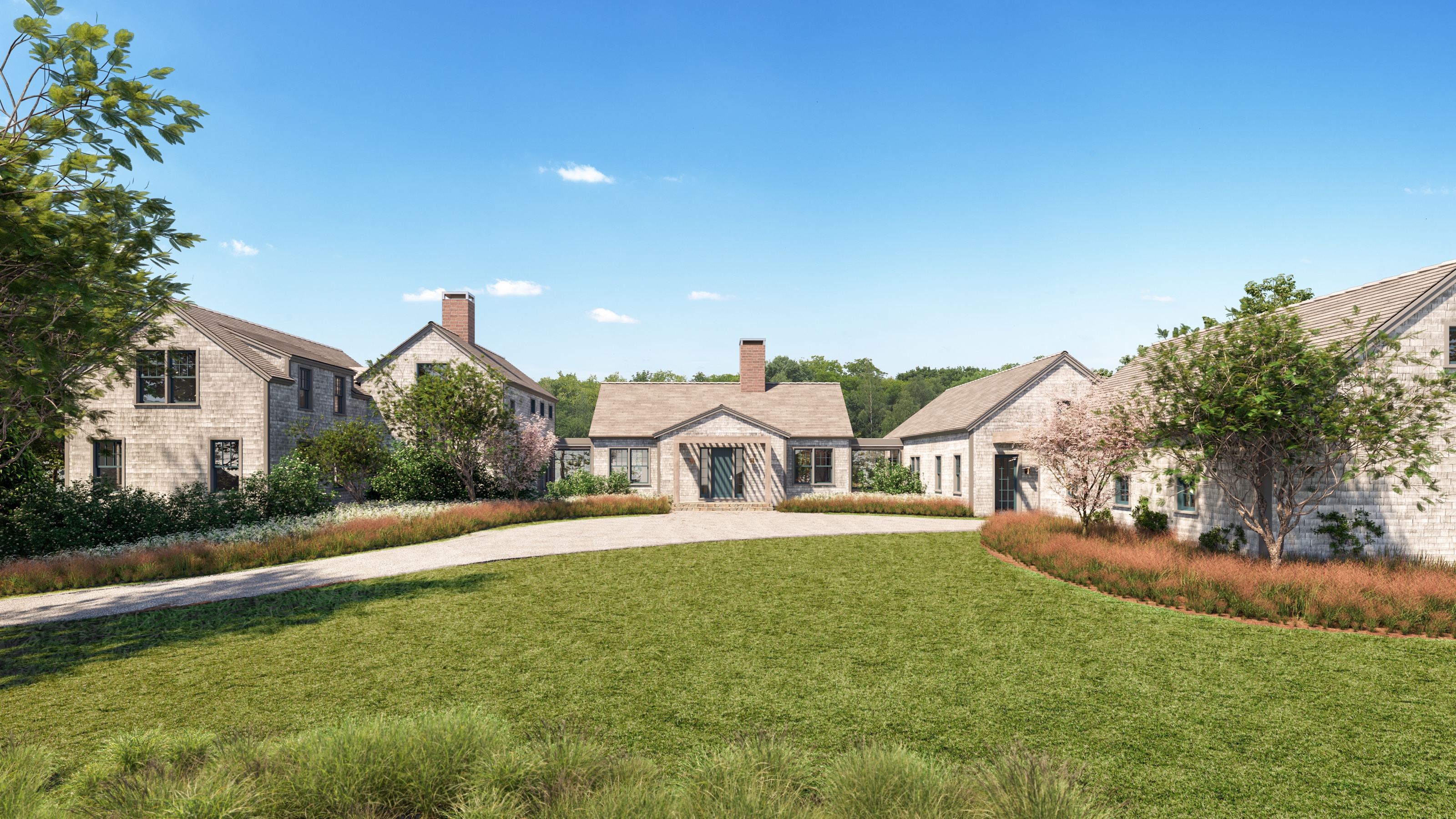 Daytime 3D rendering of the estate's entry motor court, a circular gravel drive and lawn ringed by gray-shingled gabled buildings, with a slatted timber entry porch on the main house and flowering trees.