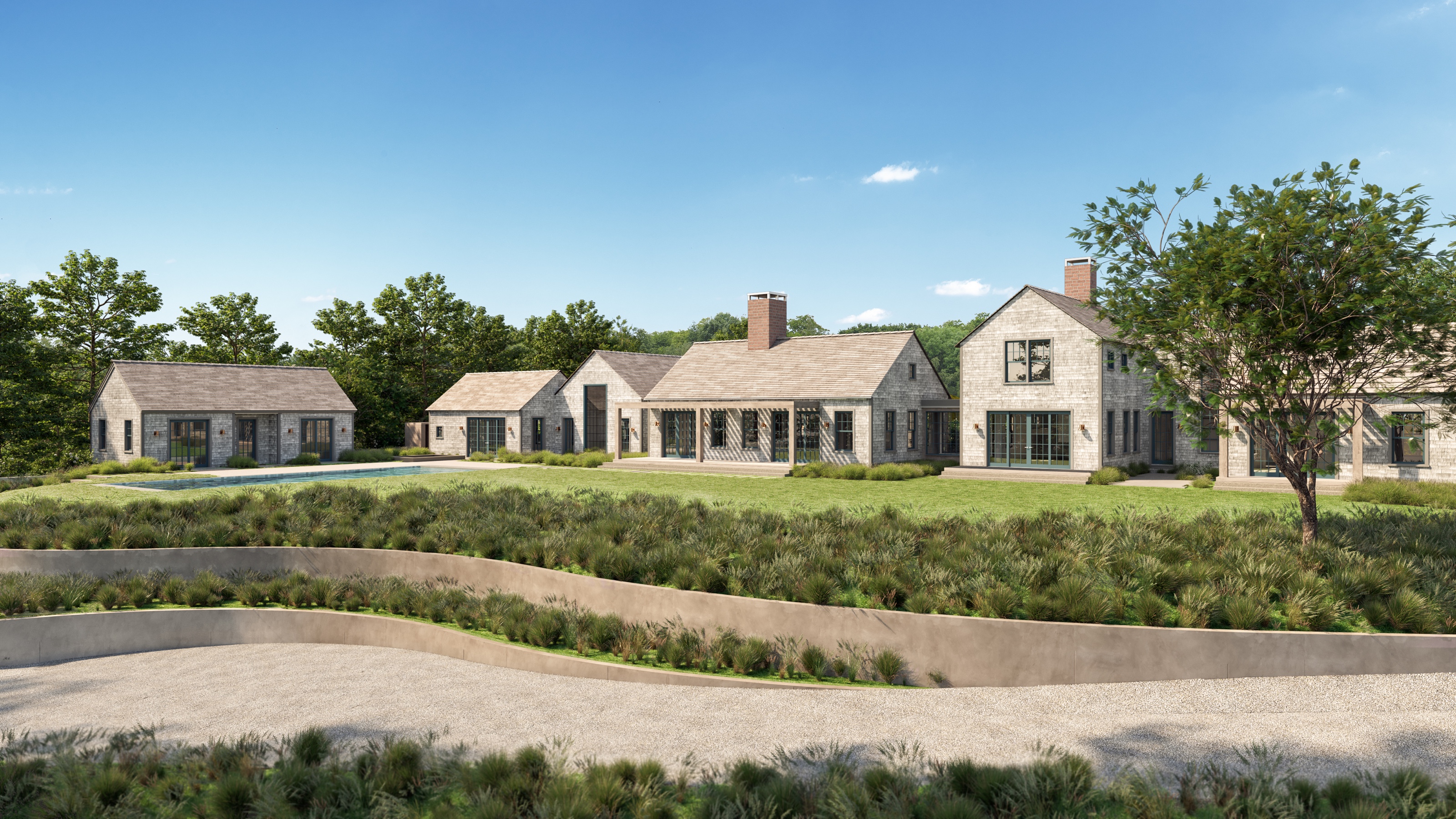 The same daytime 3D rendering of the estate's garden elevation and pool, with the curved retaining wall finished in pale parged concrete instead of corten steel.