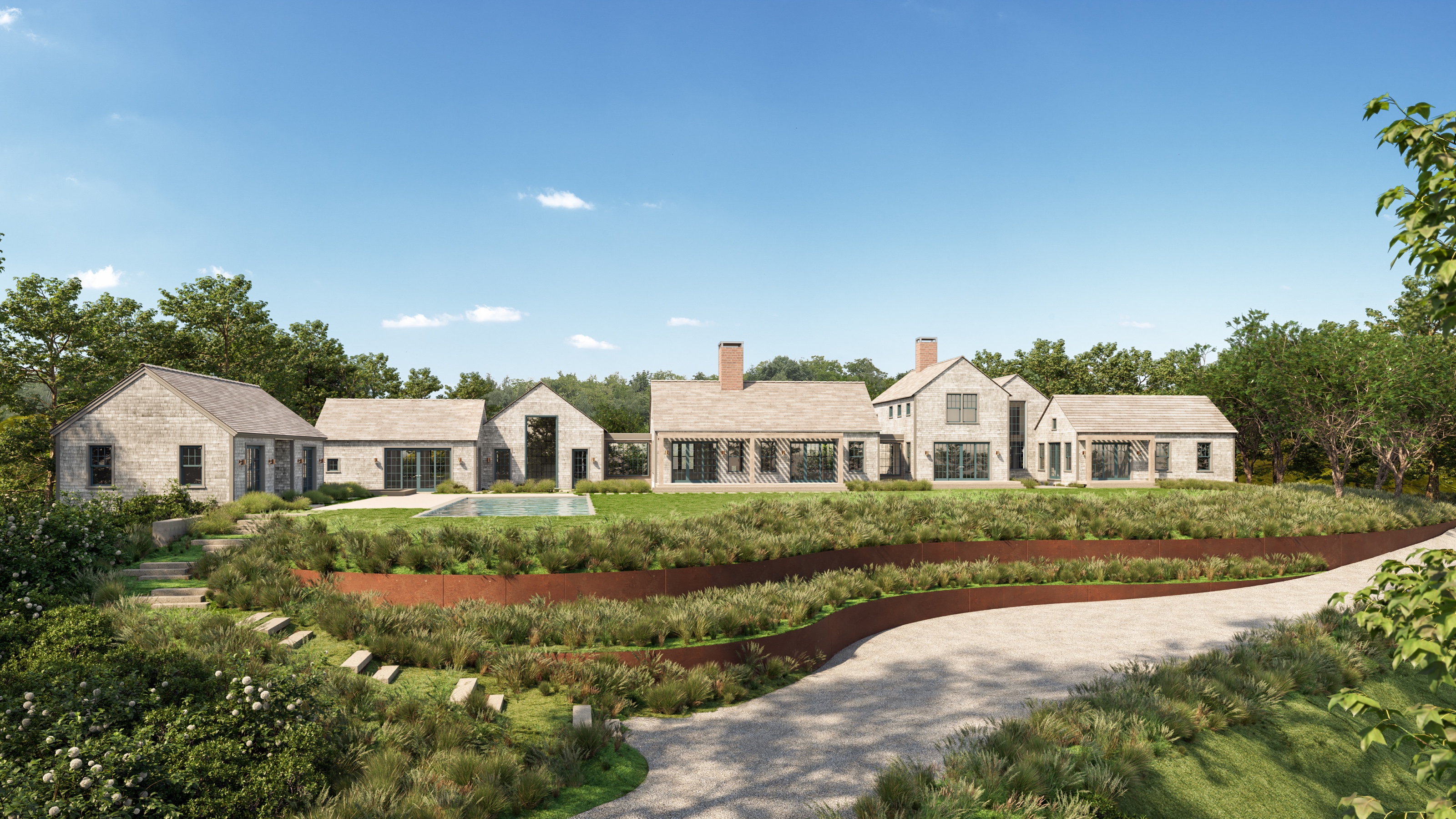 Daytime 3D rendering of a gray-shingled estate compound with gabled volumes and stone chimneys behind terraced plantings and curved corten steel retaining walls, with a pool on the left.