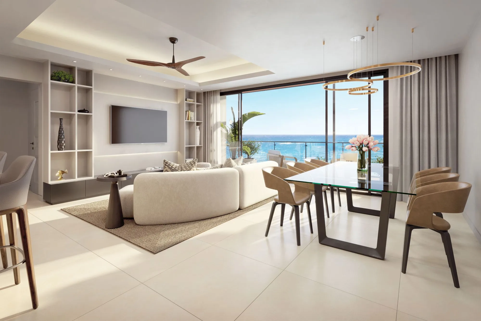The Elysian interior rendering, kitchen and living