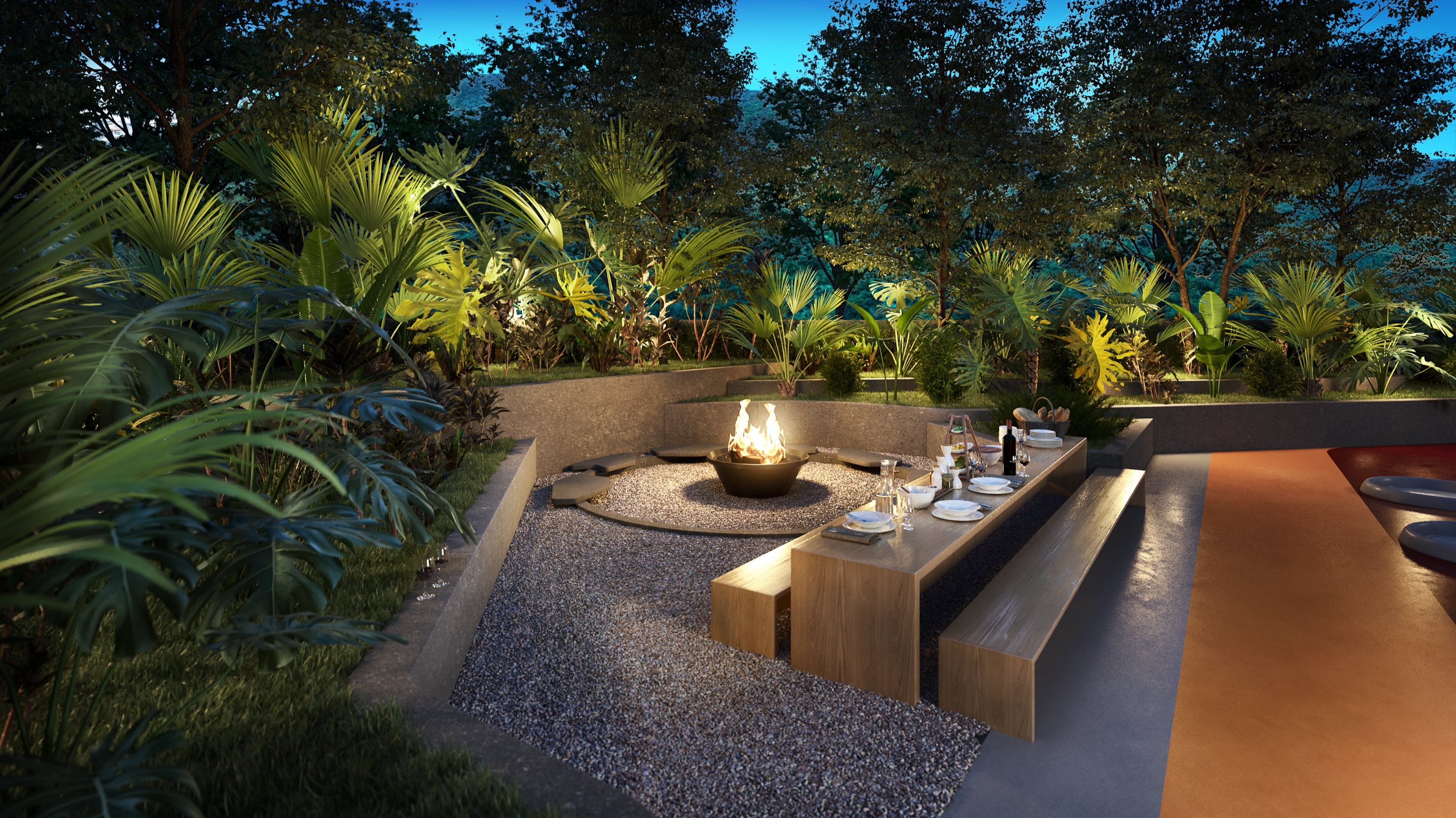 Night 3D rendering of the fire-pit terrace at Torres Acacia, a sunken gravel circle with a burning fire bowl, timber benches and a set dining table, surrounded by dense tropical planting.