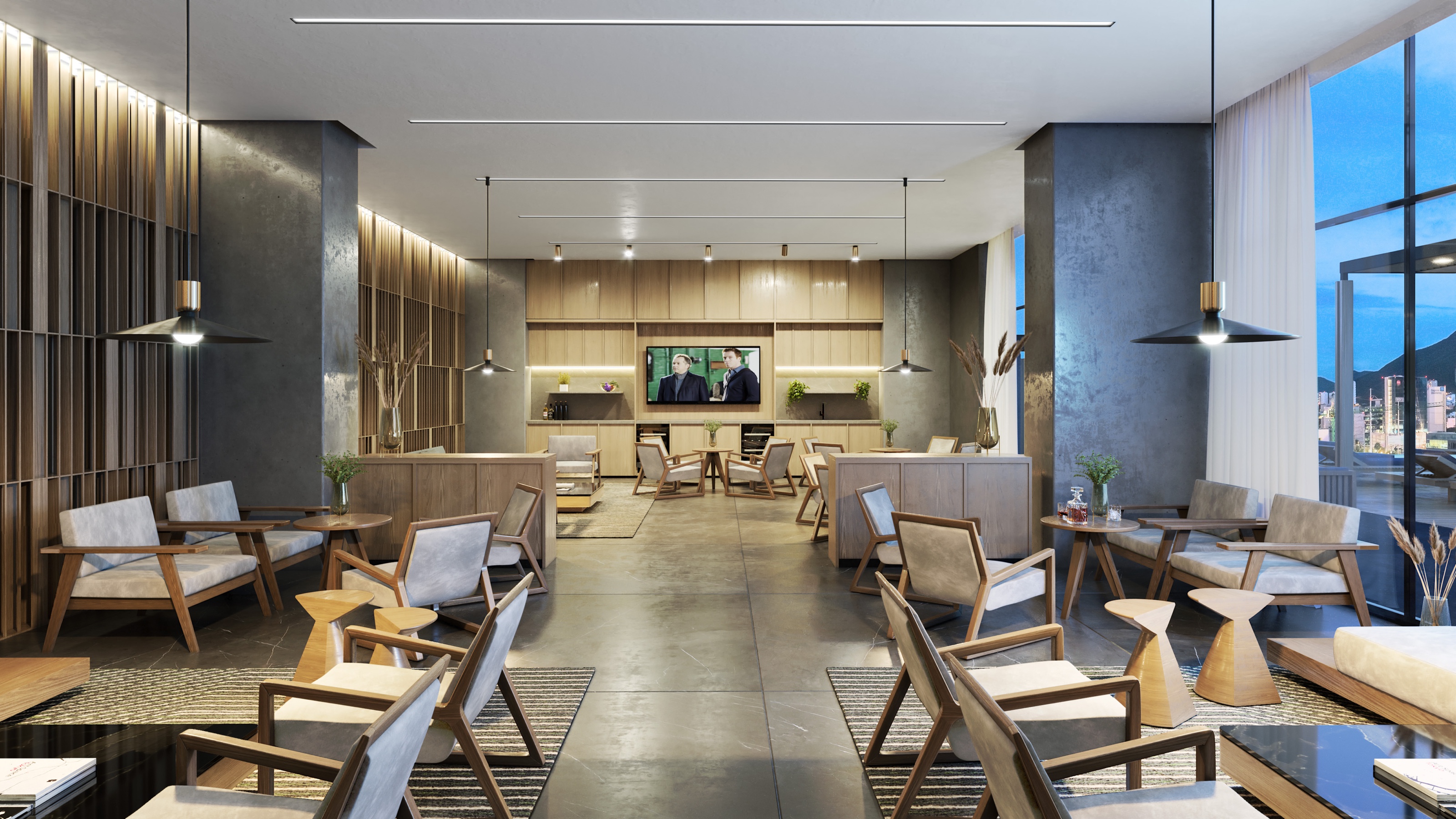 Interior 3D rendering of the lounge bar at Torres Acacia, timber-slatted walls and concrete columns over rows of wood-framed armchairs, pendant lights, and a bar with a TV wall at the back, city dusk outside.