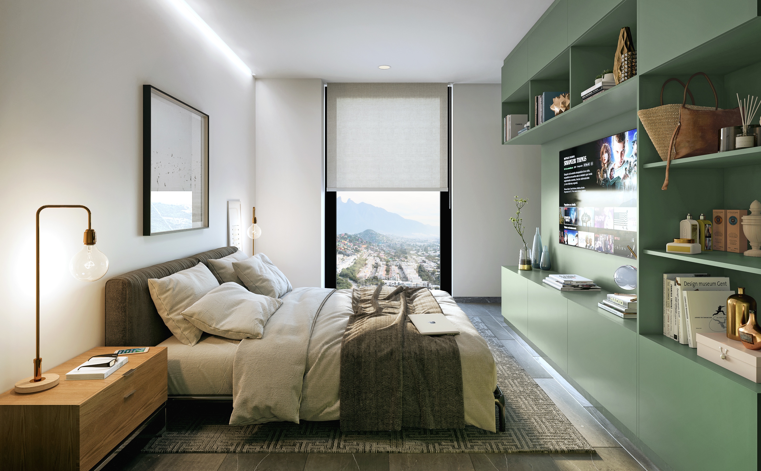 Interior 3D rendering of a model-unit bedroom at Torres Acacia, an upholstered bed with layered linens beside a green built-in shelving wall, and the Cerro de la Silla mountain framed in the window.