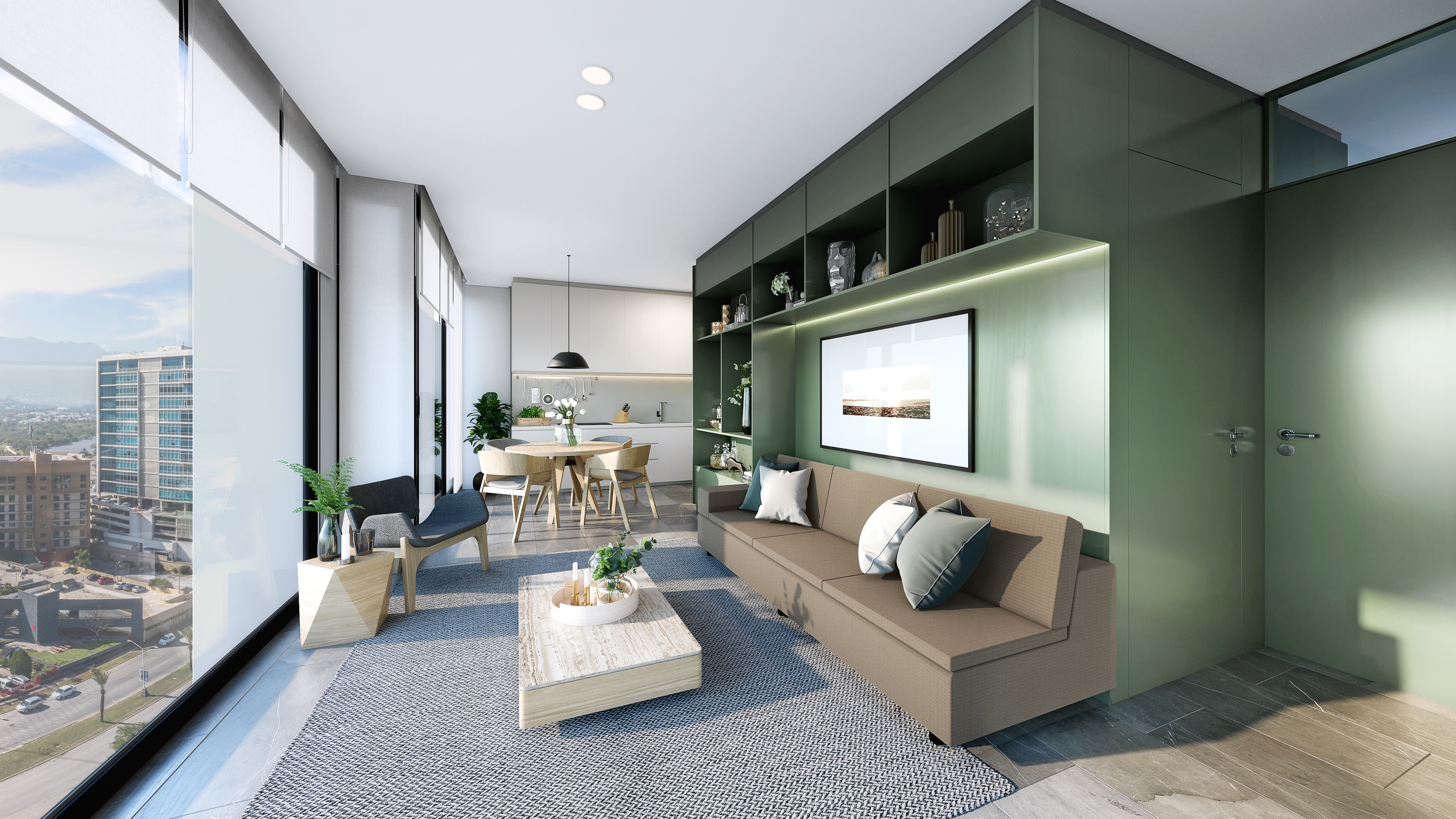 Interior 3D rendering of a model-unit living and dining room at Torres Acacia, a taupe sofa and wood dining set against a sage-green shelving wall, with floor-to-ceiling glazing and a city view.