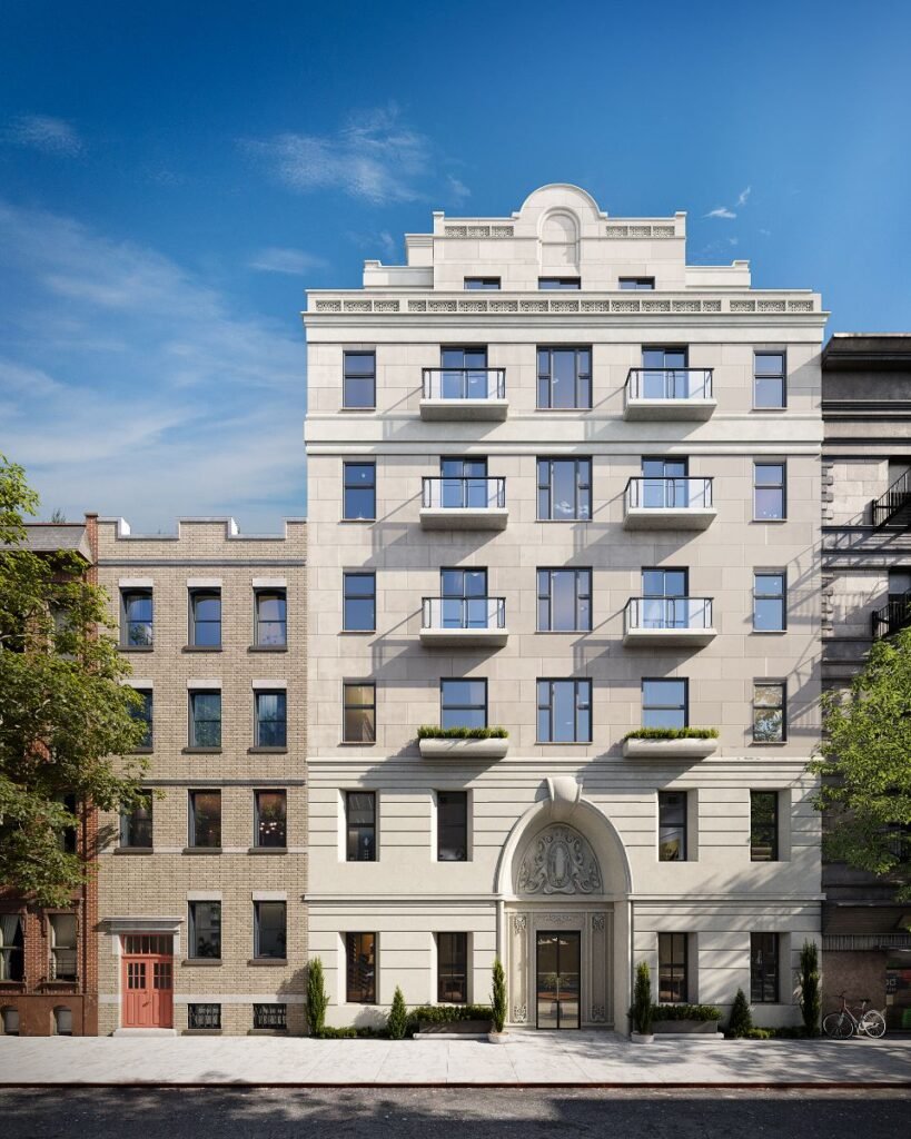 Exterior 3D rendering for investor pitch of a luxury residential building at 213 East 83rd Street in Yorkville, Upper East Side, New York City, showing classic façade design and urban streetscape context.