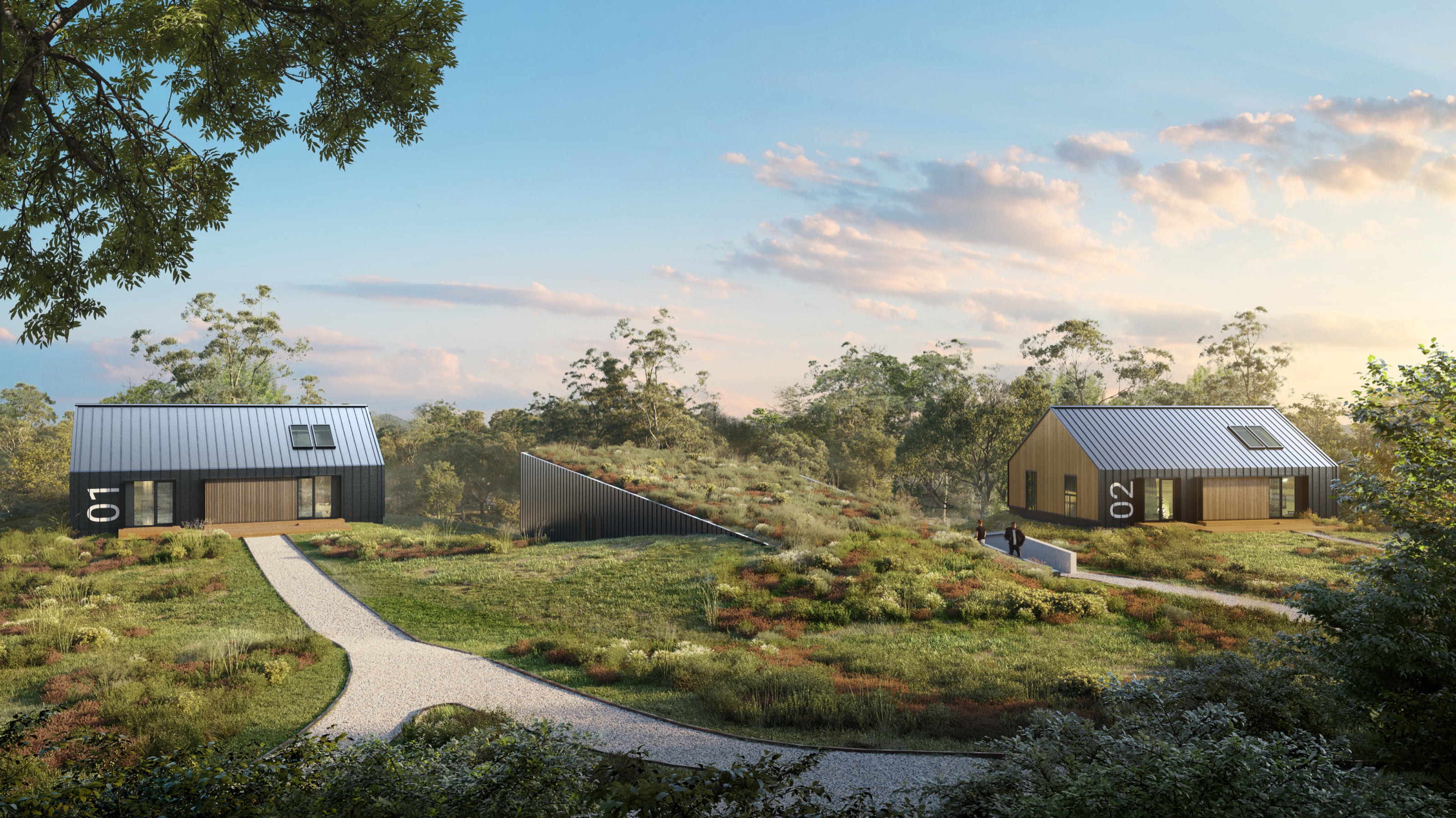 Dusk 3D rendering of two standing-seam cabins numbered 01 and 02 at the University of Health and Performance, linked by a bermed green-roofed structure across a wild meadow in soft evening light.