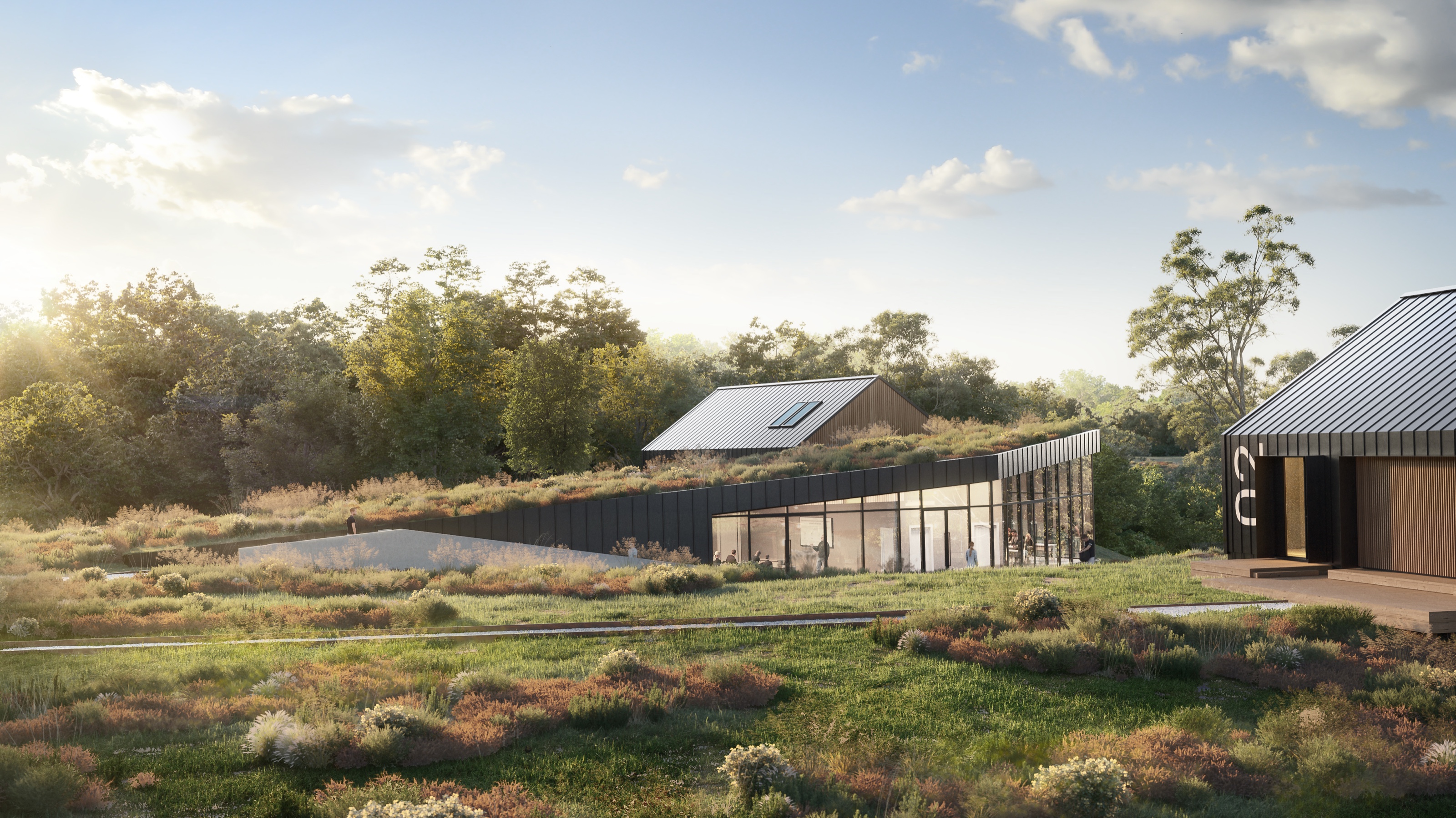 Late-afternoon 3D rendering of the University of Health and Performance classroom building, a green-roofed structure bermed into a grassy slope with a standing-seam cabin behind it and another numbered cabin at right, in warm sunset light.