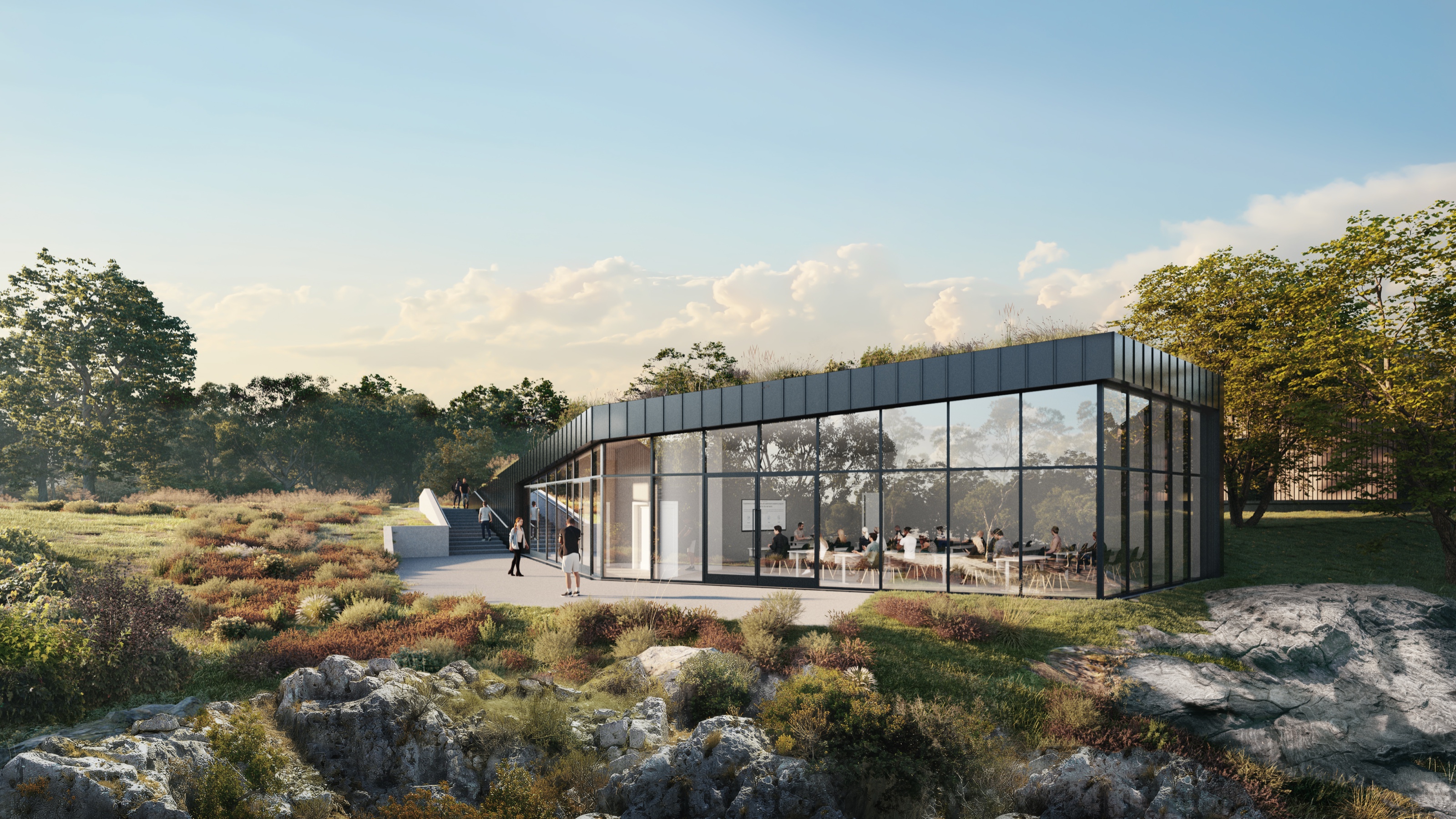 Daytime 3D rendering of the University of Health and Performance classroom building, a low glass-walled pavilion under a planted green roof set into a rocky meadow, with people at tables visible inside and an external stair to one side.