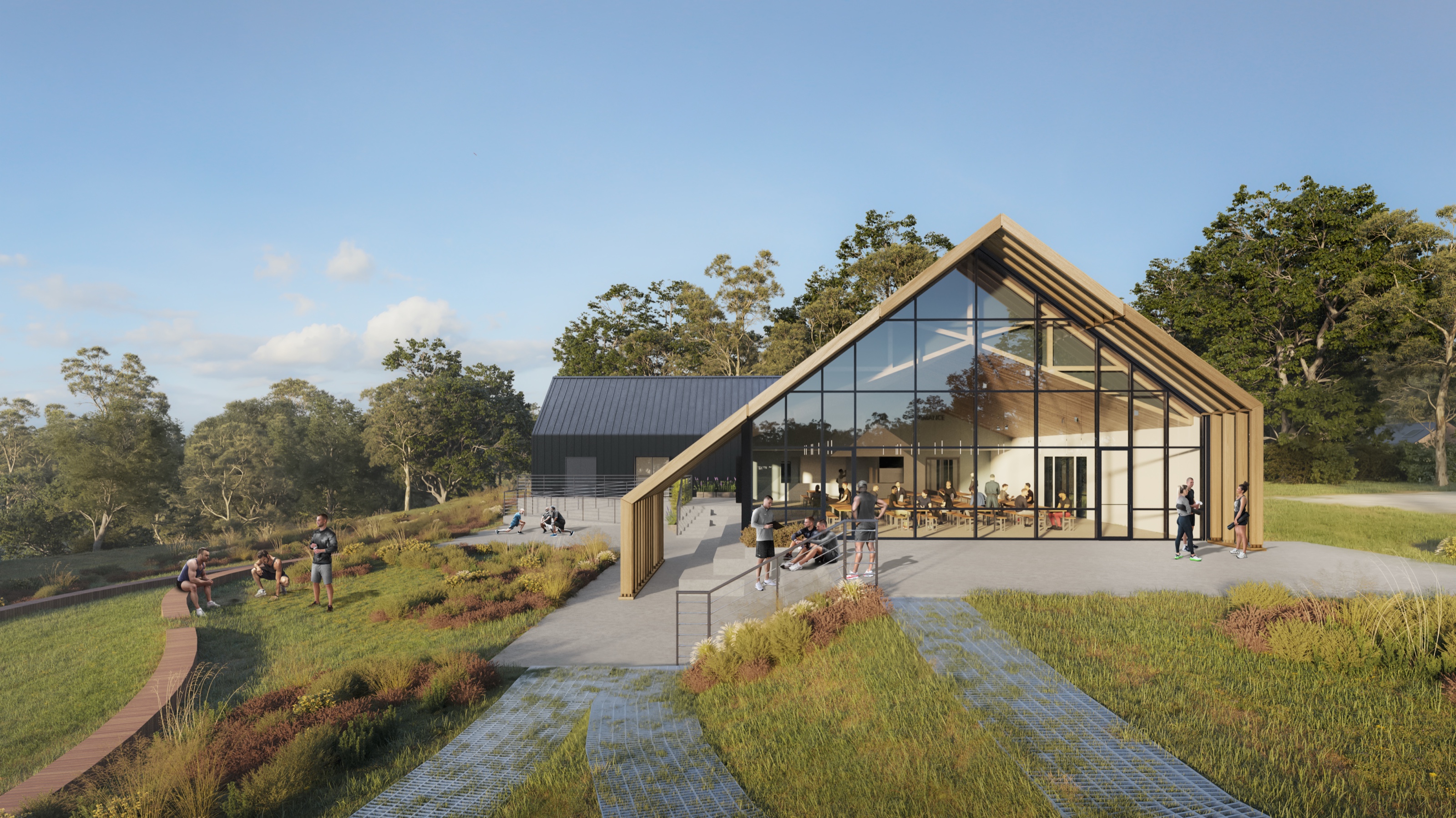 Daytime 3D rendering of the University of Health and Performance mess hall, a timber-framed building with a glazed gable end and dark metal wing, with people gathered on the entry terrace and a planted meadow and boardwalk paths in the foreground.