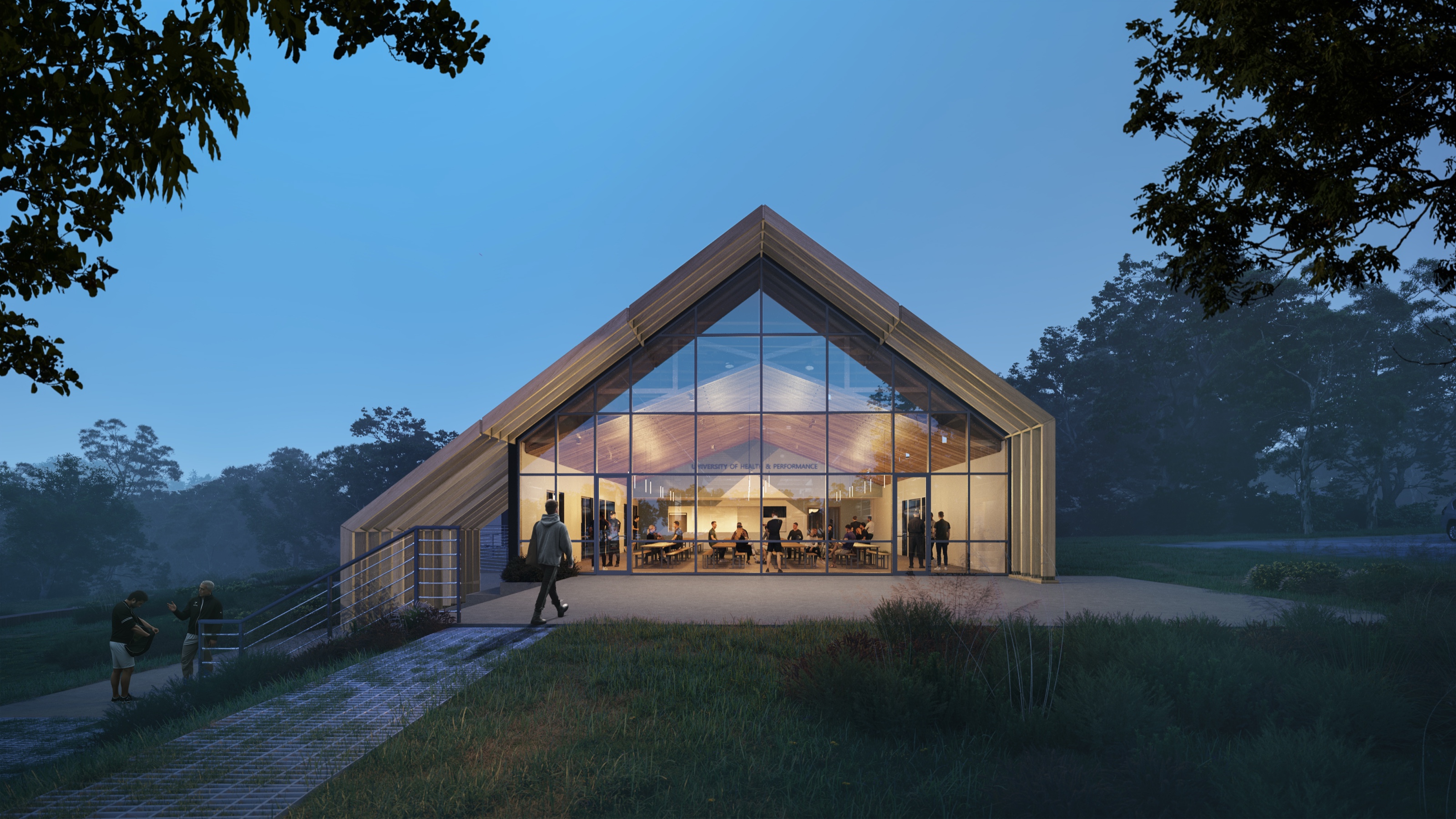 Dusk 3D rendering of the University of Health and Performance mess hall, its glazed gable end glowing warm from the timber-lined interior as people dine inside, with a misty meadow in the foreground.