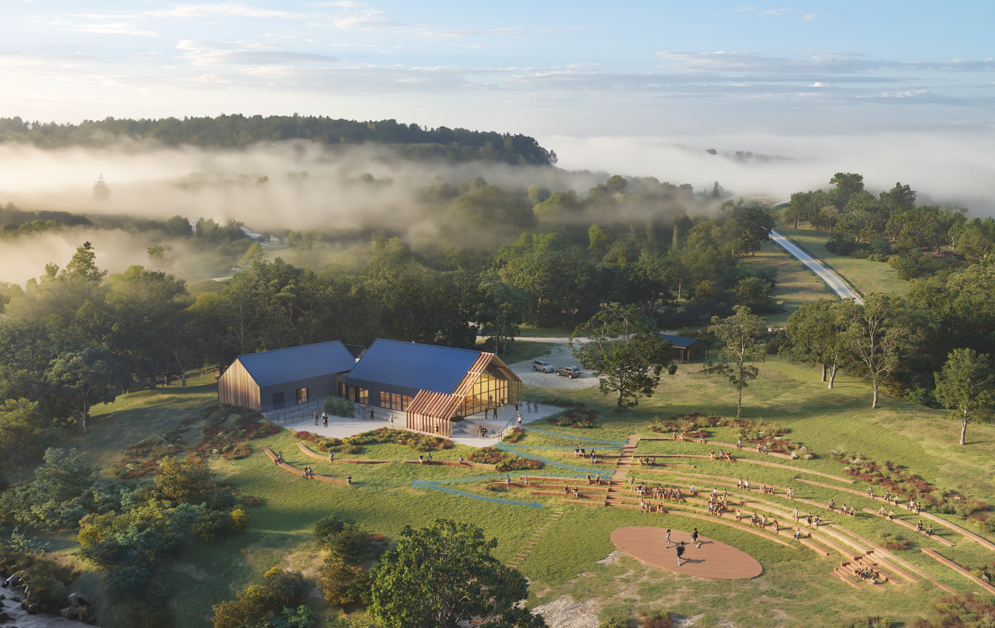 Aerial 3D rendering of the University of Health and Performance campus on a misty Arkansas hilltop, showing the timber-and-metal mess hall above a terraced amphitheater lawn.