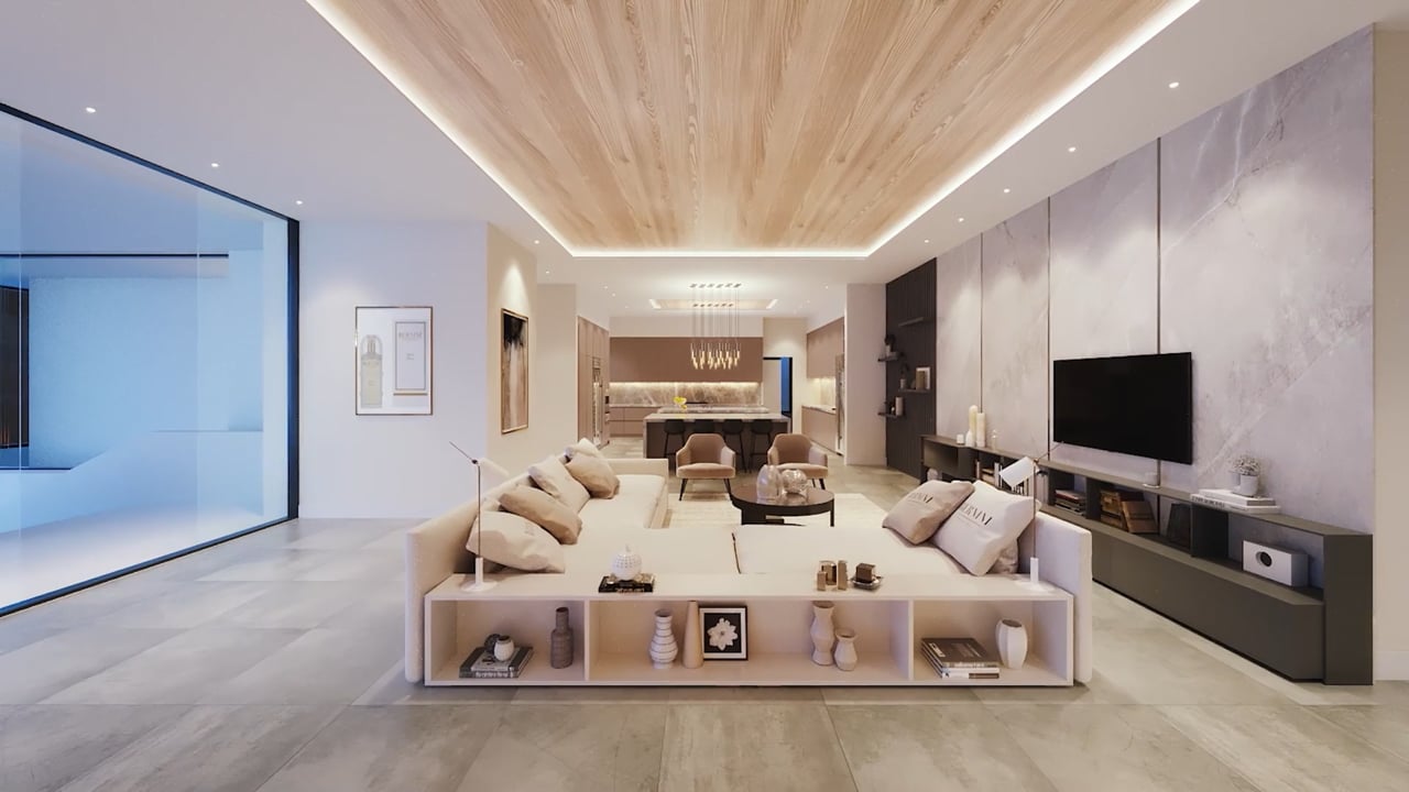 Still from the Bellagio Estate film: the open living room under a timber ceiling with glass walls, animated by NoTriangle Studio.